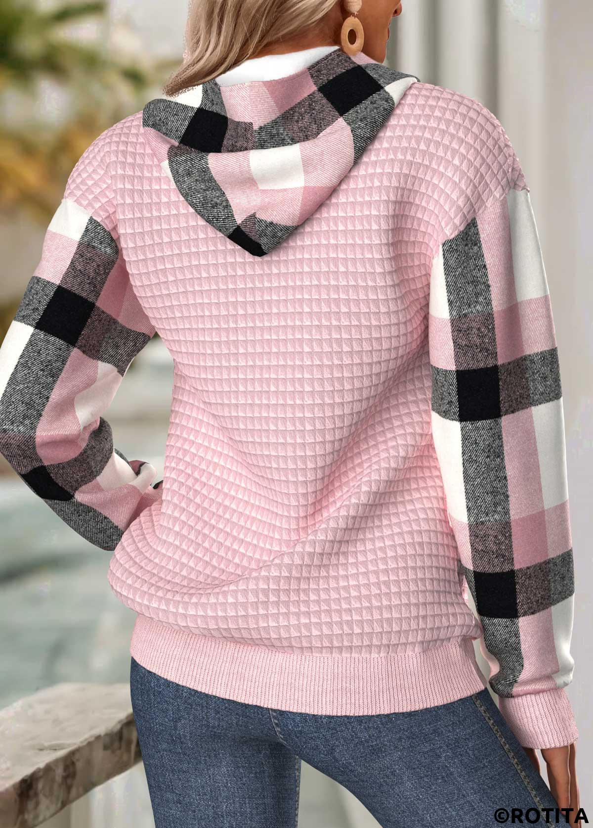 Light Pink tops,Plaid tops,Geometric tops,ROTITA Tummy Coverage Plaid Light Pink Long Sleeve Hoodie