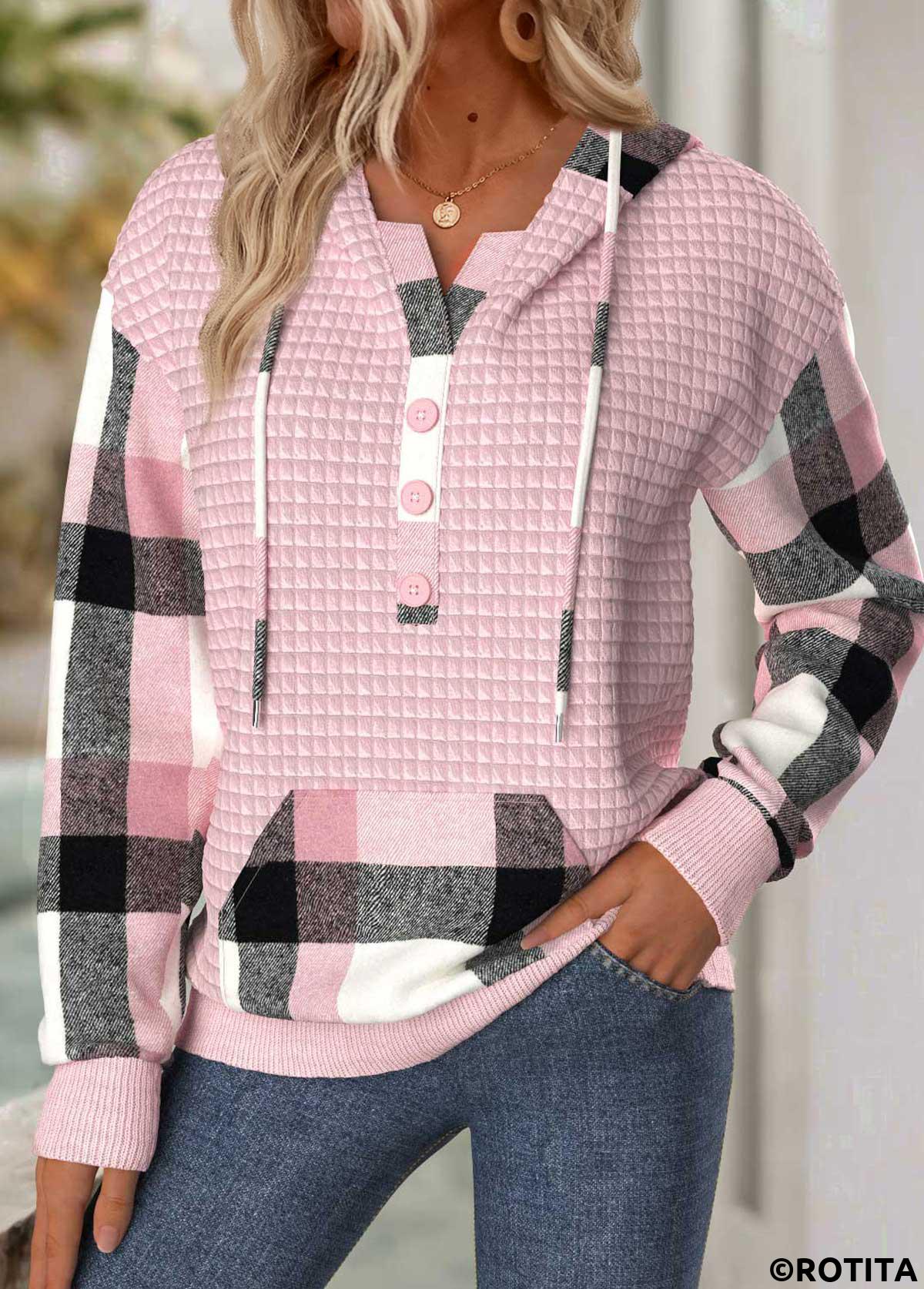 Light Pink tops,Plaid tops,Geometric tops,ROTITA Tummy Coverage Plaid Light Pink Long Sleeve Hoodie