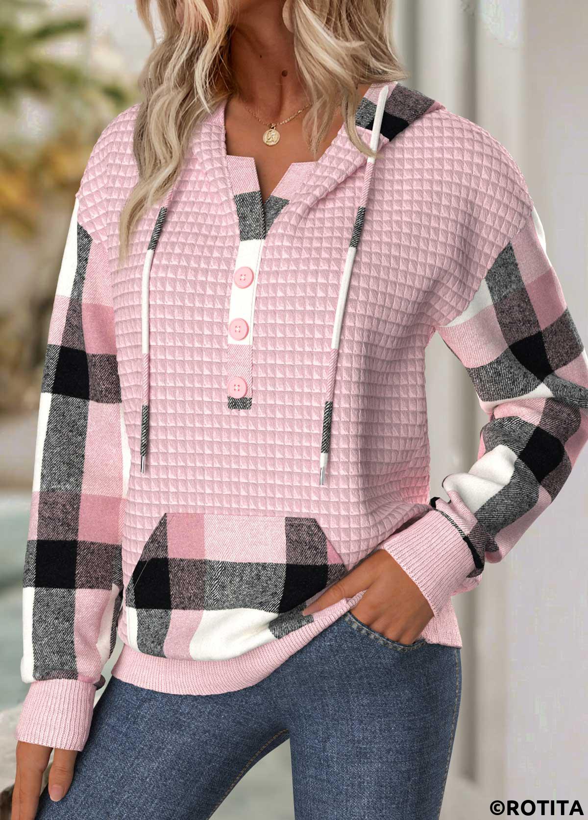 Light Pink tops,Plaid tops,Geometric tops,ROTITA Tummy Coverage Plaid Light Pink Long Sleeve Hoodie
