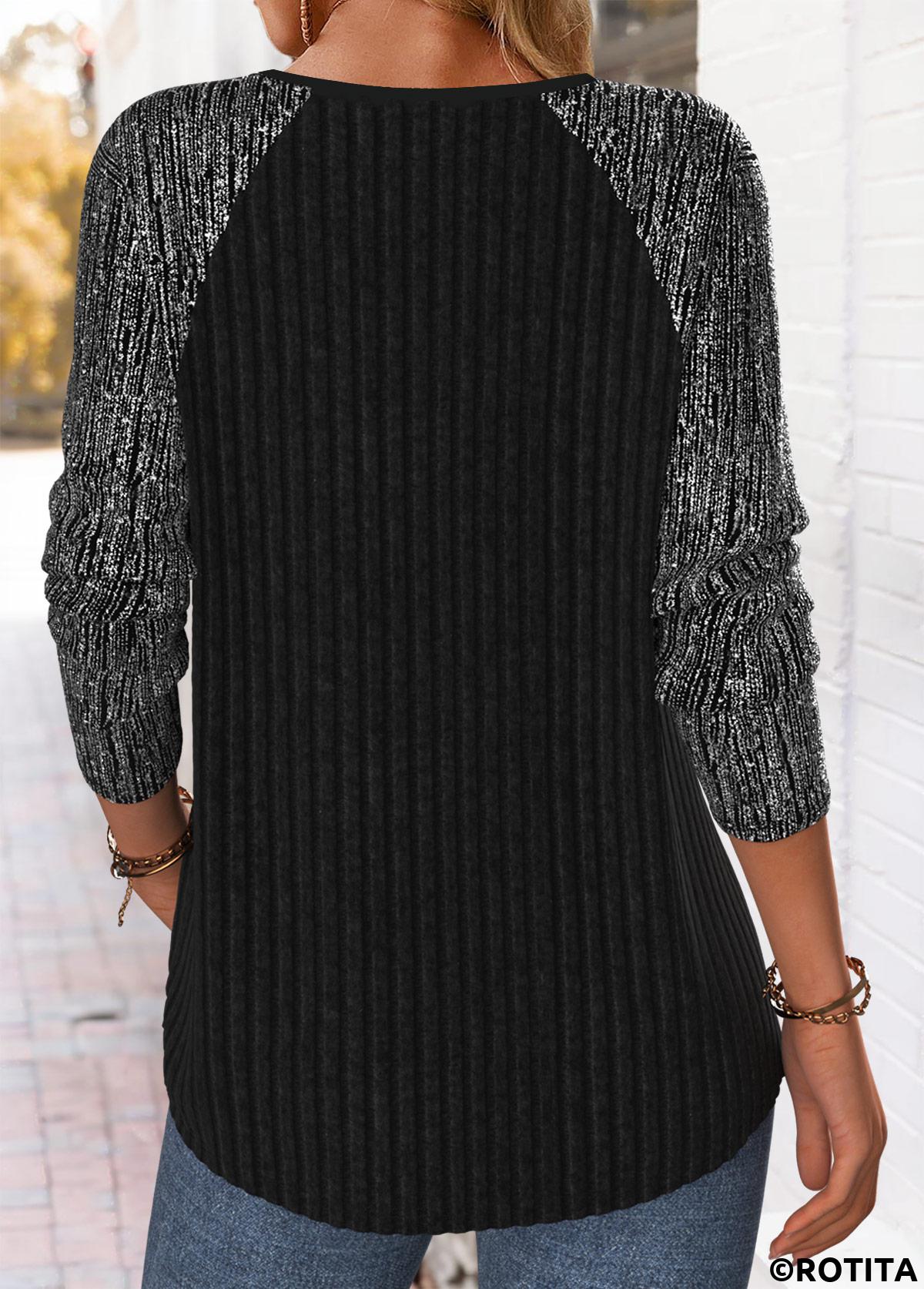 Black tops,Plain Color tops,ROTITA Tummy Coverage Black Split Neck Long Sleeve T Shirt