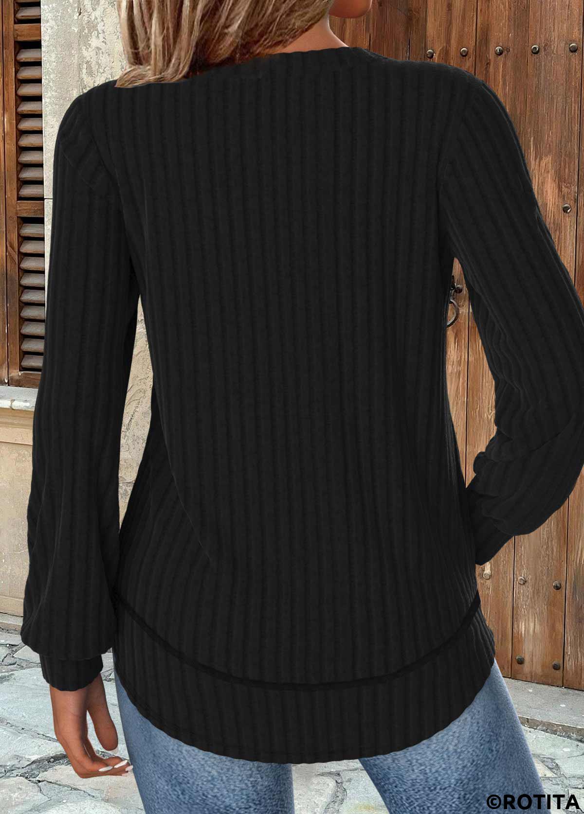 Black tops,Plain Color tops,ROTITA Black Round Neck Long Sleeve Sweatshirt