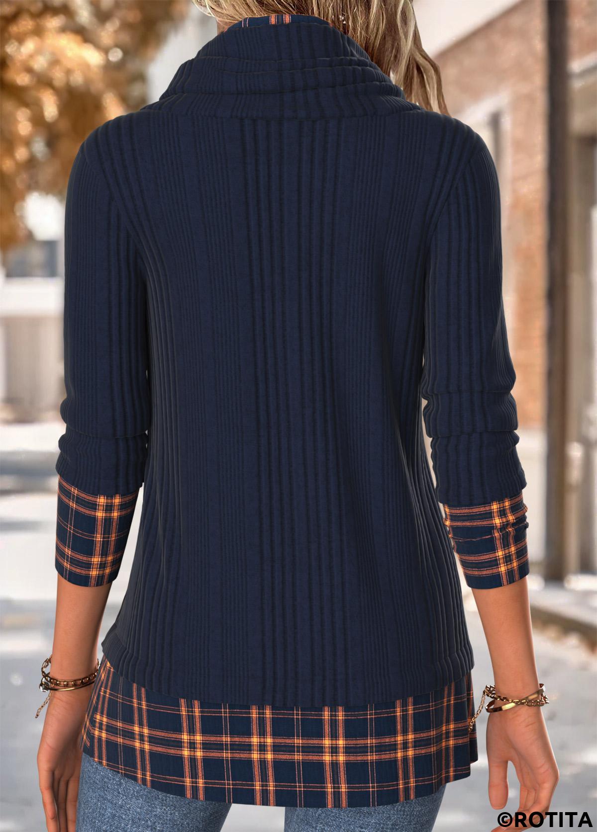 Navy tops,Plaid tops,Geometric tops,ROTITA Tummy Coverage Plaid Navy Cowl Neck Long Sleeve Sweatshirt