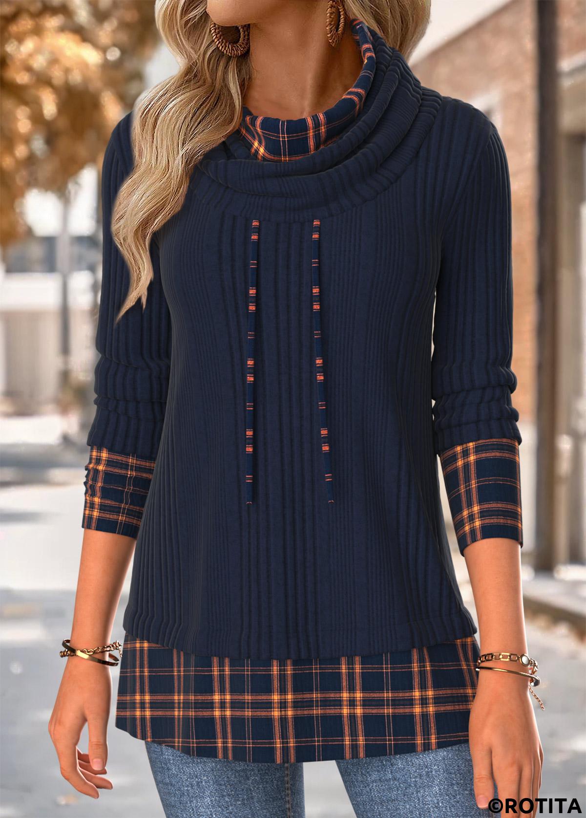Navy tops,Plaid tops,Geometric tops,ROTITA Tummy Coverage Plaid Navy Cowl Neck Long Sleeve Sweatshirt