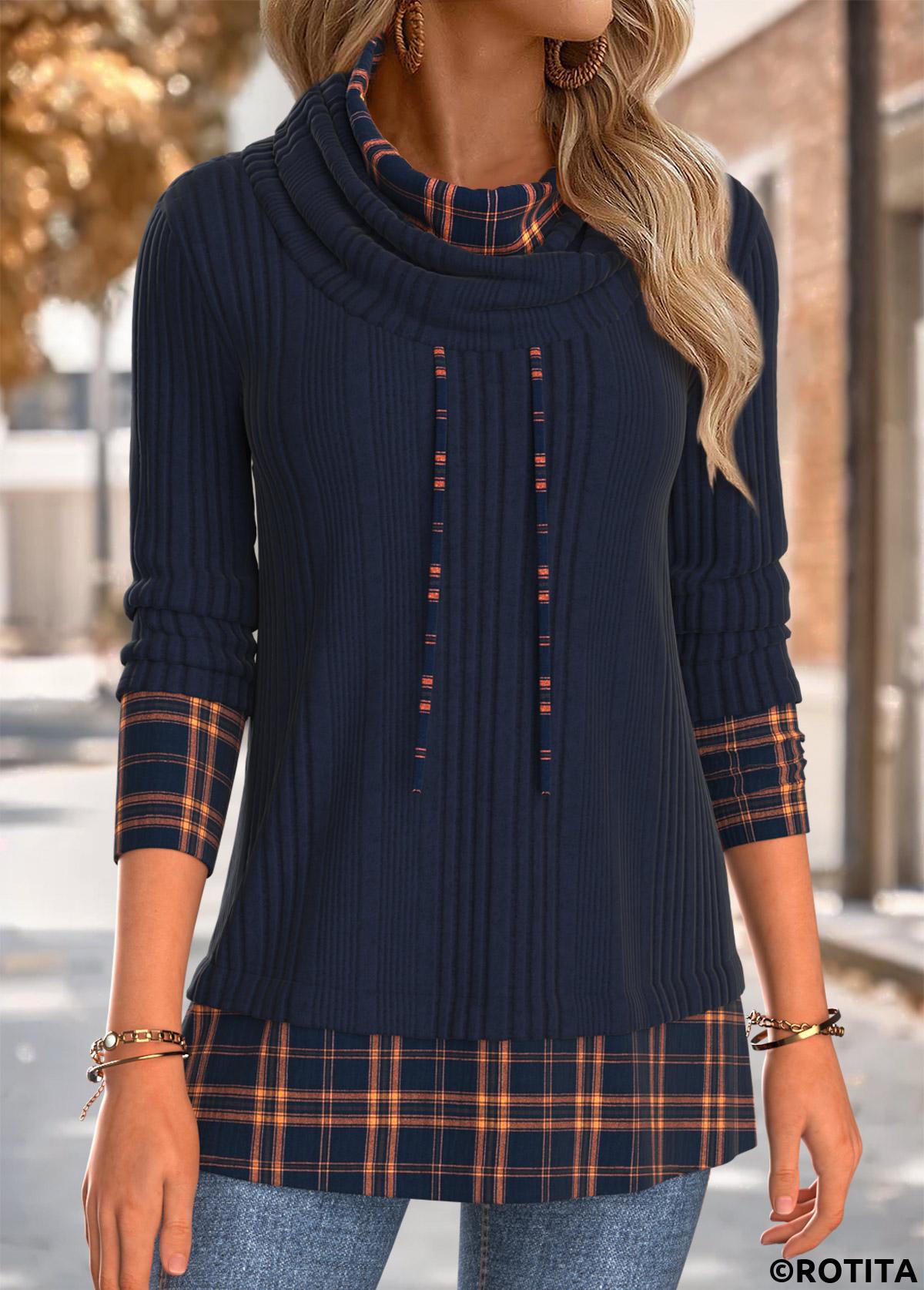 Navy tops,Plaid tops,Geometric tops,ROTITA Tummy Coverage Plaid Navy Cowl Neck Long Sleeve Sweatshirt