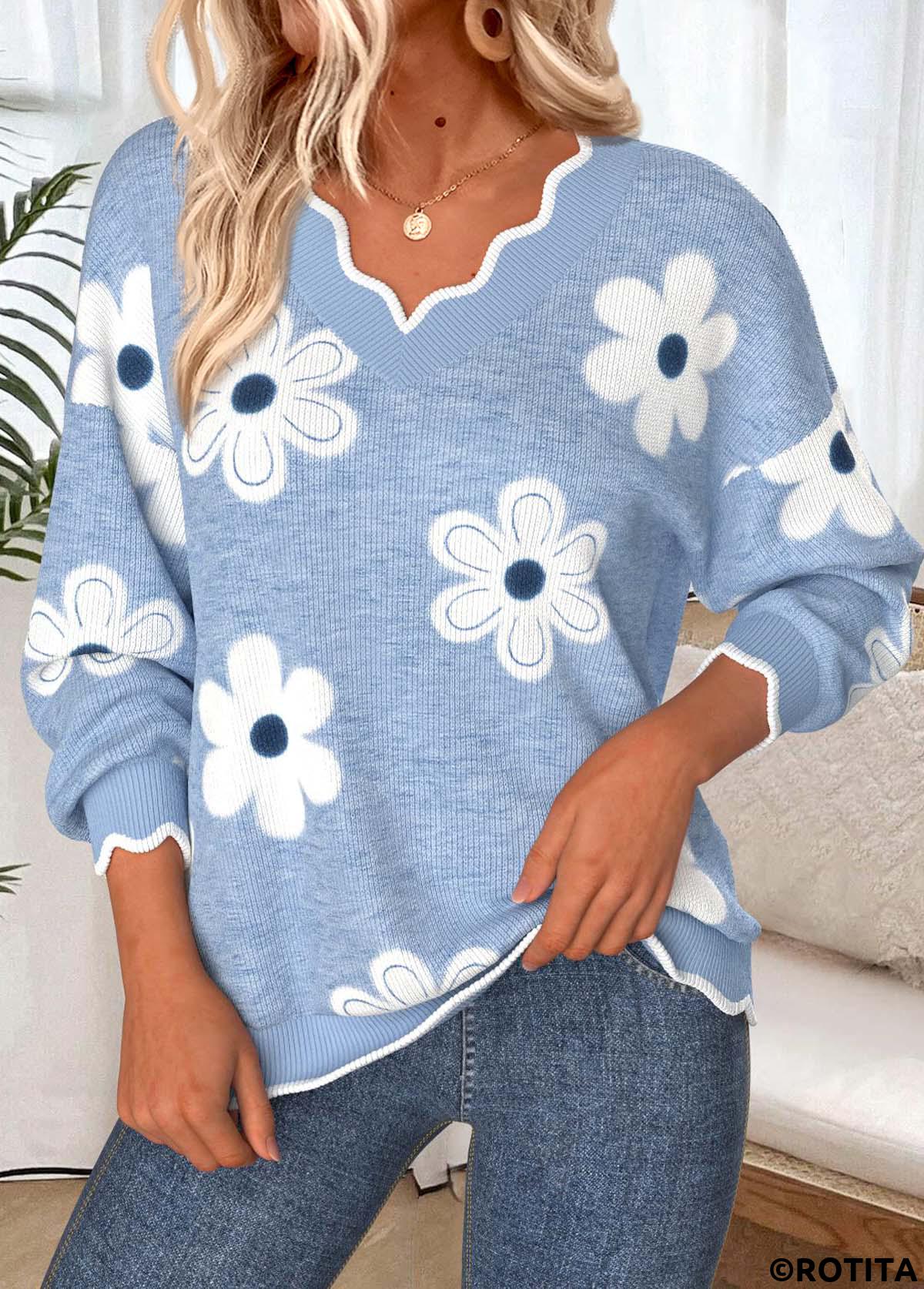 Dusty Blue tops,Floral tops,Plants tops,ROTITA Scalloped Hem Floral Print Dusty Blue V Neck Sweatshirt