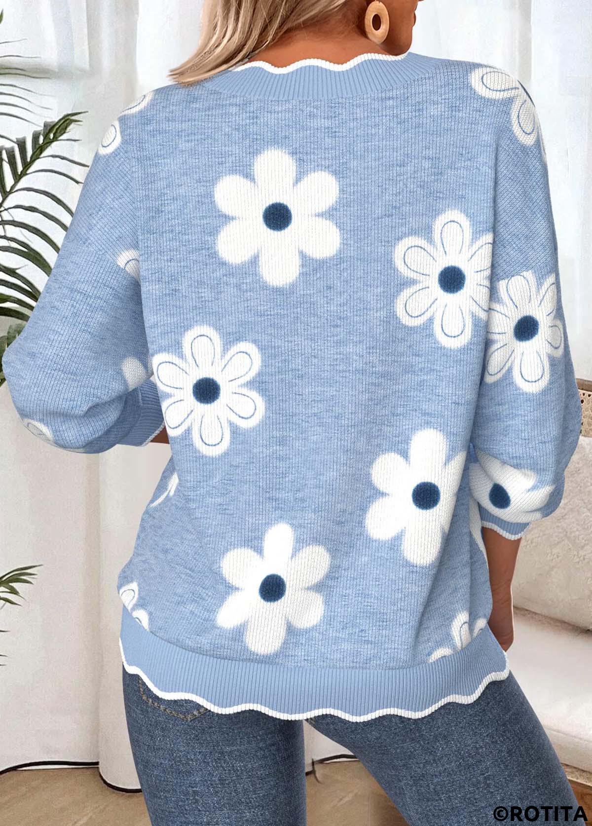 Dusty Blue tops,Floral tops,Plants tops,ROTITA Scalloped Hem Floral Print Dusty Blue V Neck Sweatshirt
