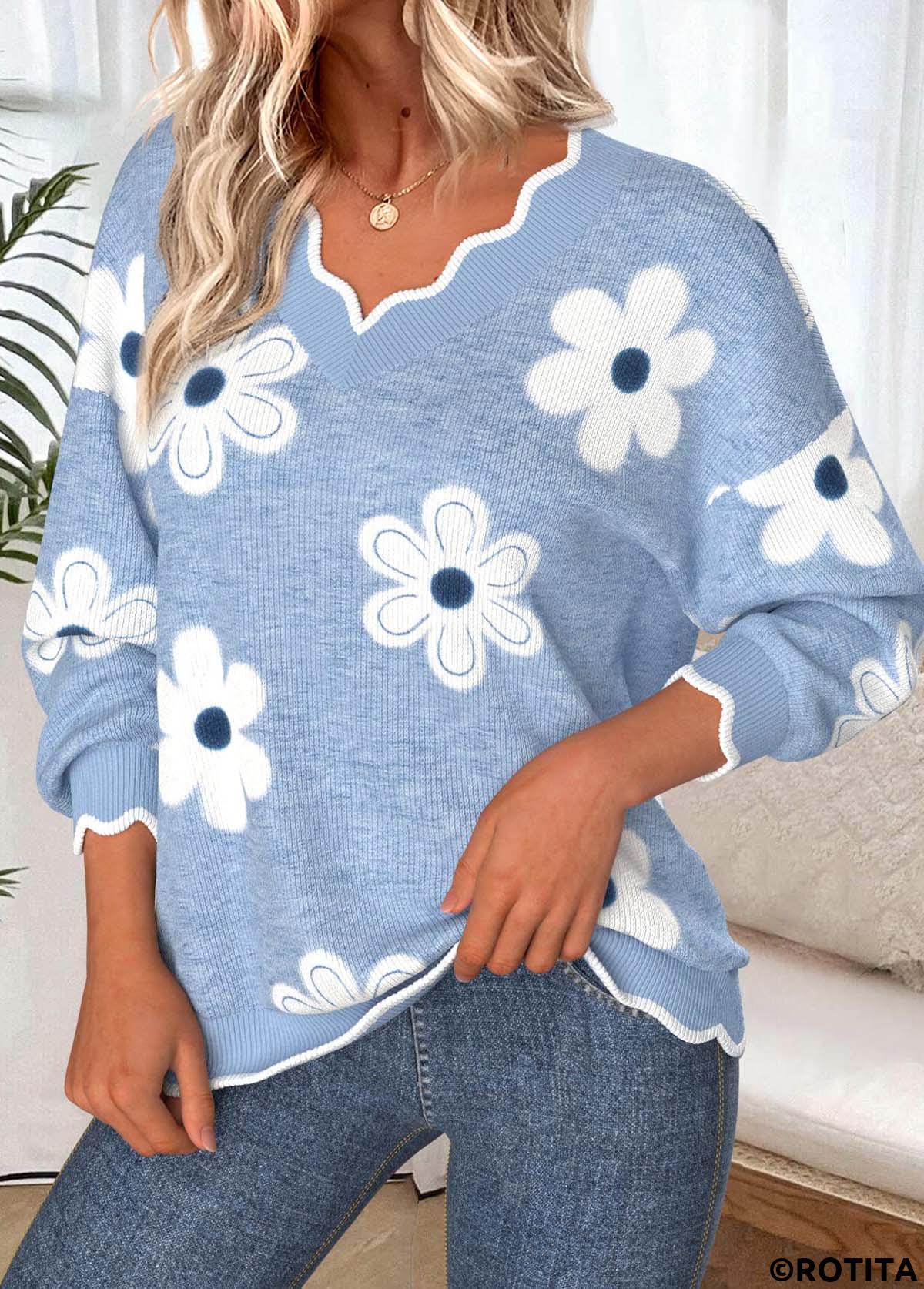Dusty Blue tops,Floral tops,Plants tops,ROTITA Scalloped Hem Floral Print Dusty Blue V Neck Sweatshirt