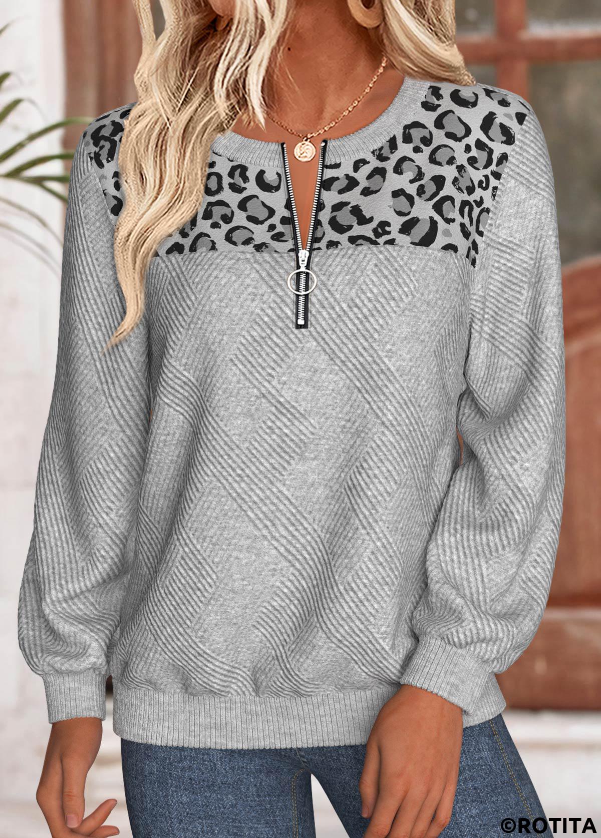 Light Grey Marl tops,Leopard tops,Animal Print tops,ROTITA Tummy Coverage Leopard Light Grey Marl Round Neck Sweatshirt