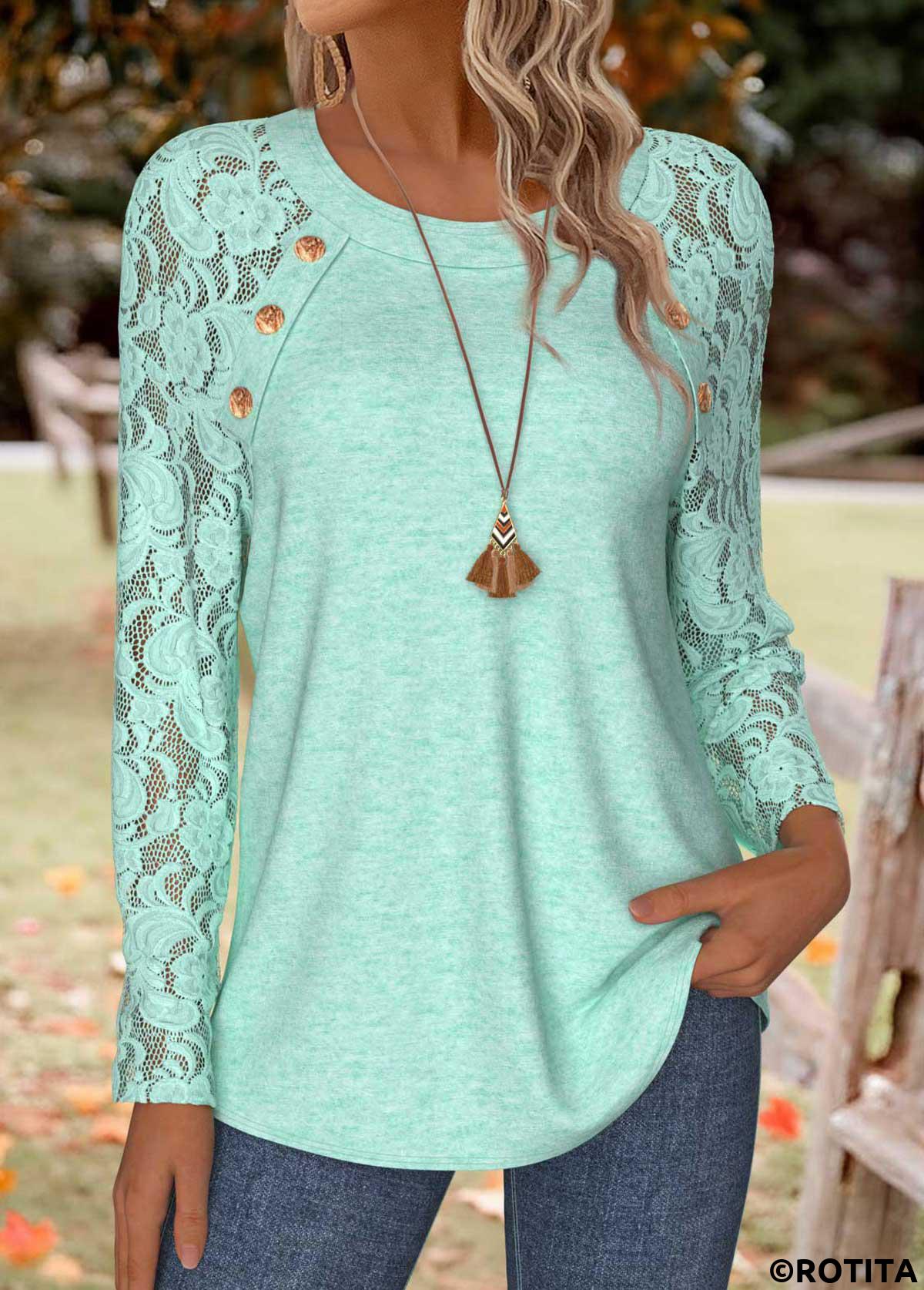 Mint Green tops,Plain Color tops,ROTITA Tummy Coverage Mint Green Round Neck T Shirt