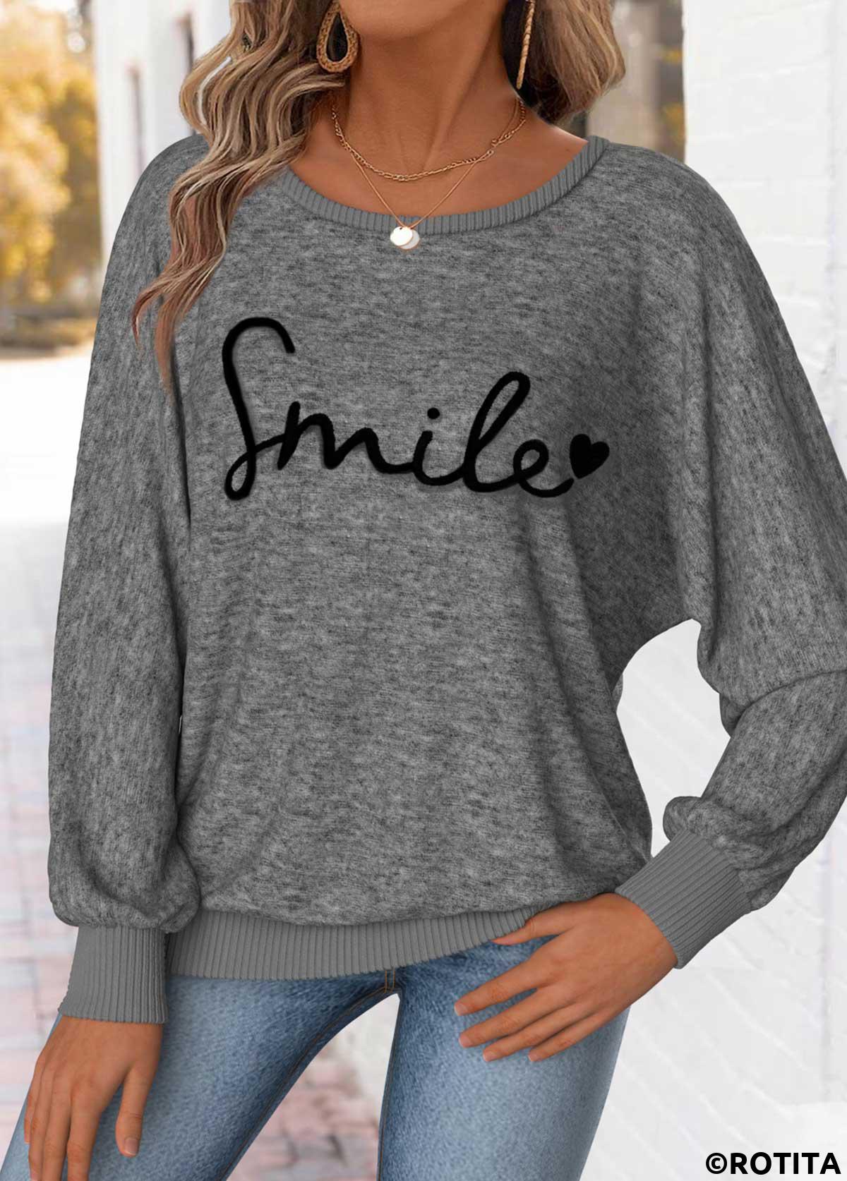 Dark Grey Marl tops,Letter tops,ROTITA Tummy Coverage Letter Print Dark Grey Marl T Shirt