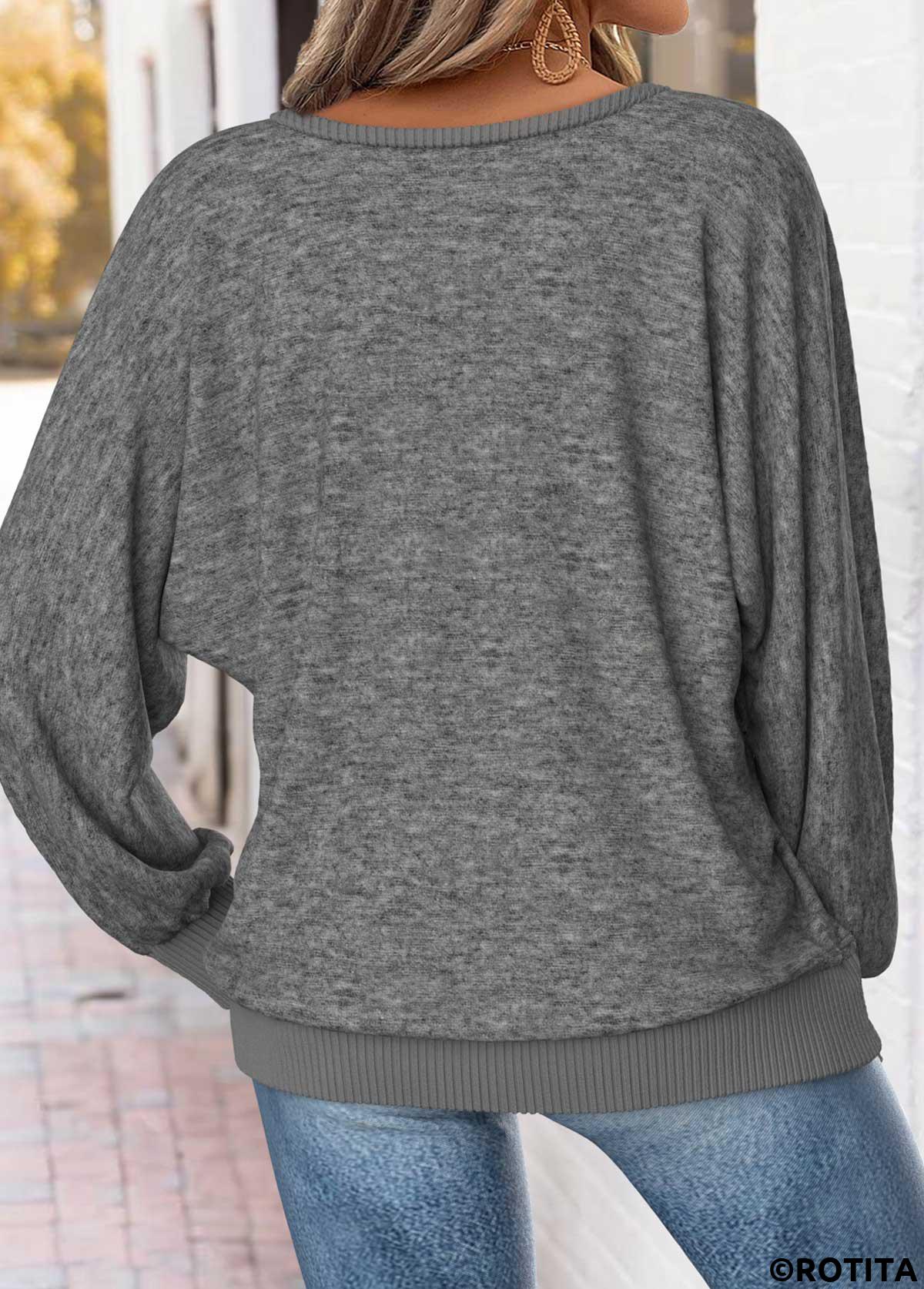 Dark Grey Marl tops,Letter tops,ROTITA Tummy Coverage Letter Print Dark Grey Marl T Shirt