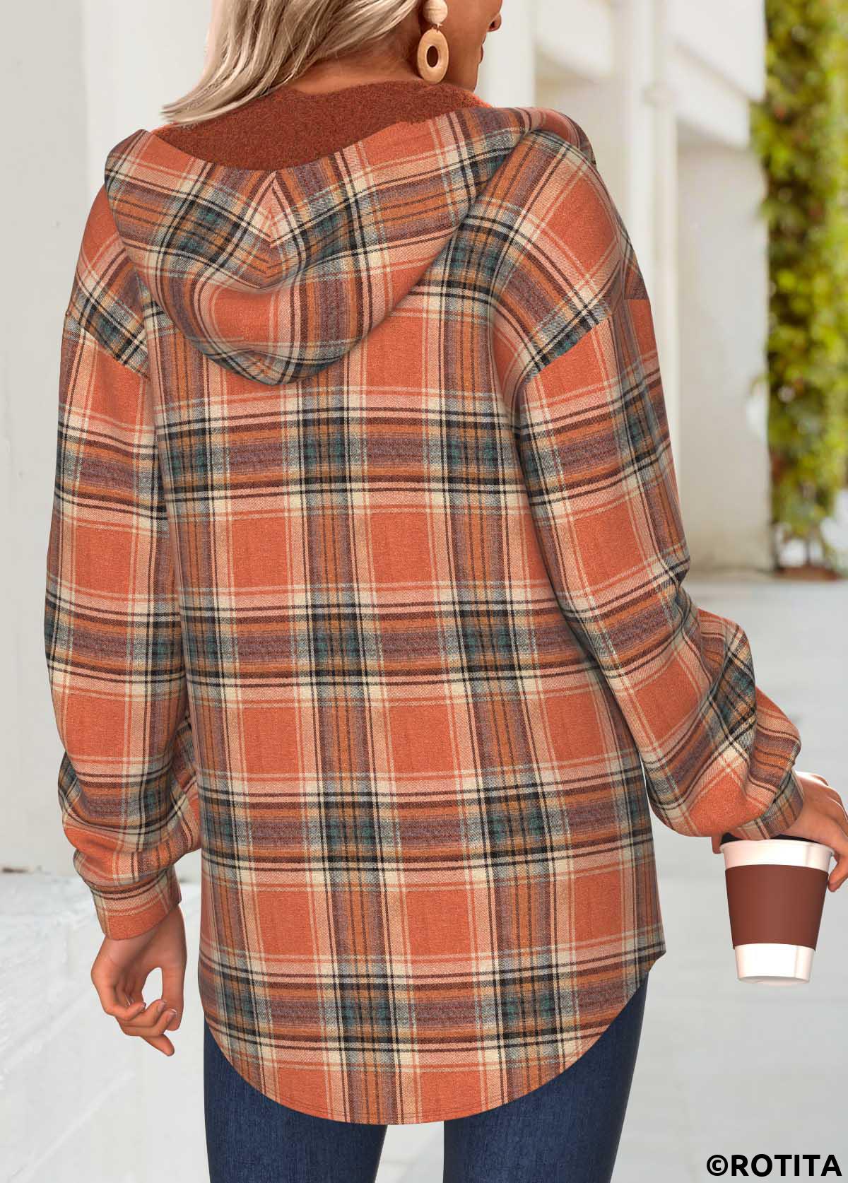 Terracotta tops,Plaid tops,Geometric tops,ROTITA Tummy Coverage Plaid Terracotta Hooded Long Sleeve Track Jacket