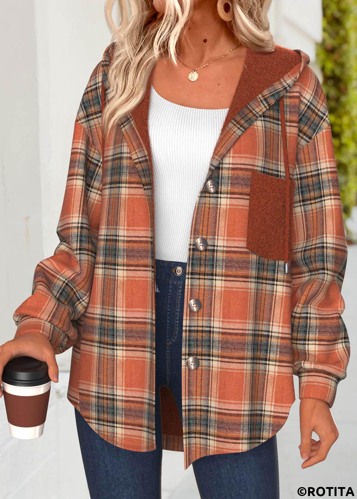 Terracotta tops,Plaid tops,Geometric tops,ROTITA Tummy Coverage Plaid Terracotta Hooded Long Sleeve Track Jacket