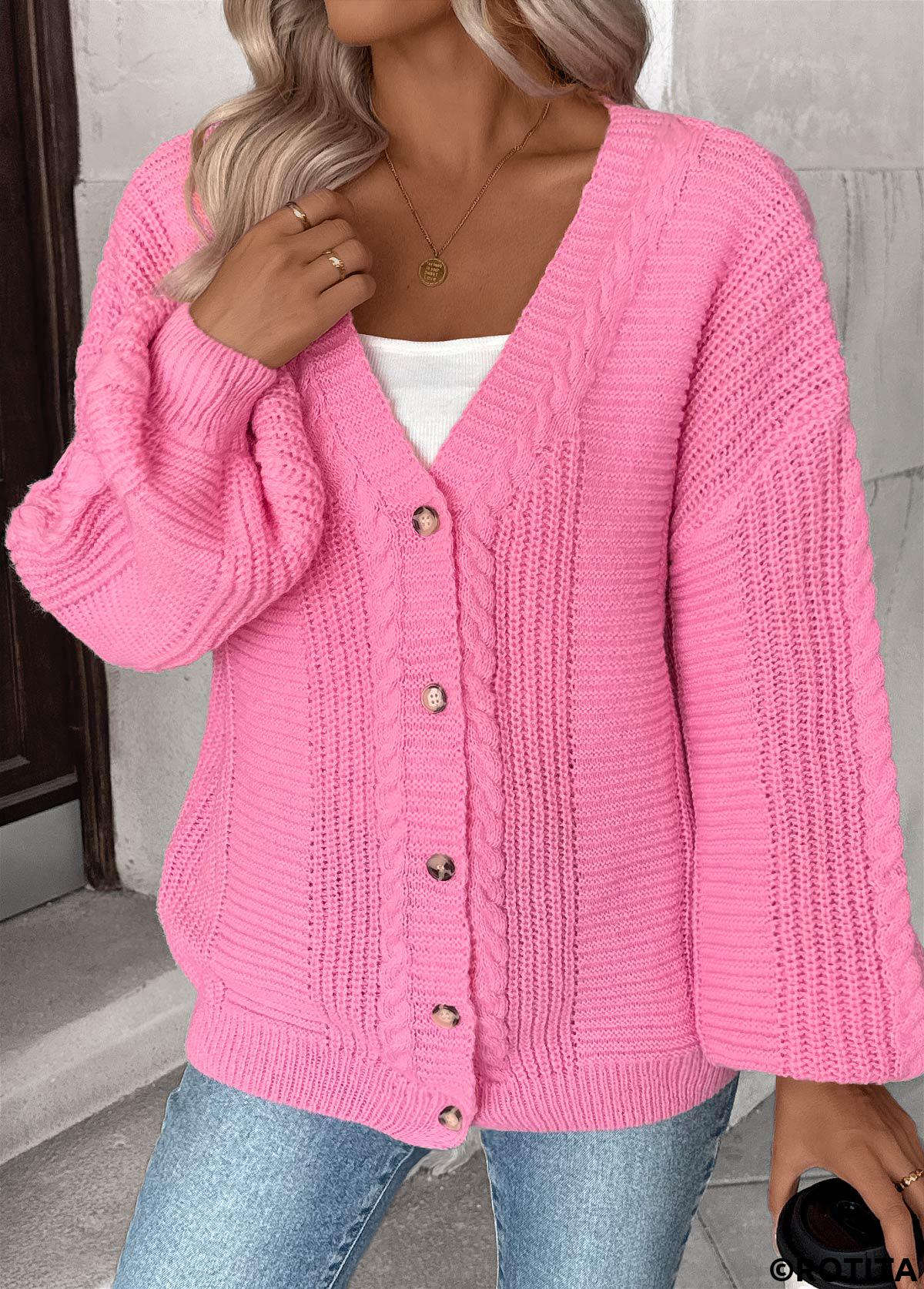 Pink tops,Plain Color tops,Button Pink V Neck Long Sleeve Cardigan
