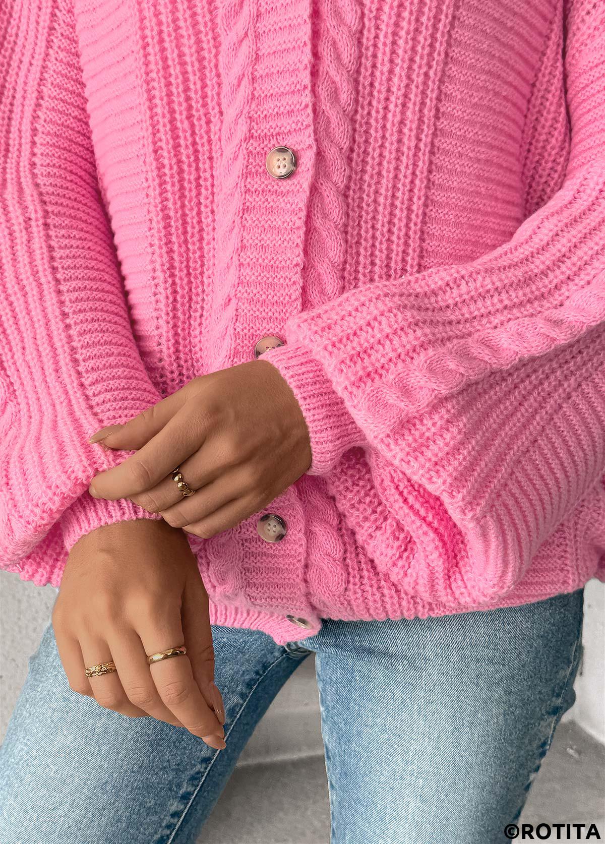 Pink tops,Plain Color tops,Button Pink V Neck Long Sleeve Cardigan