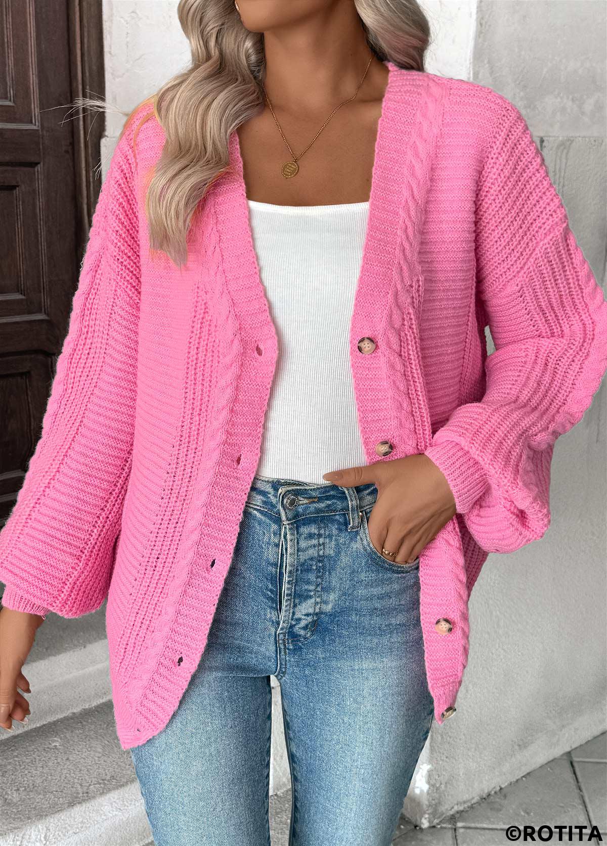 Pink tops,Plain Color tops,Button Pink V Neck Long Sleeve Cardigan