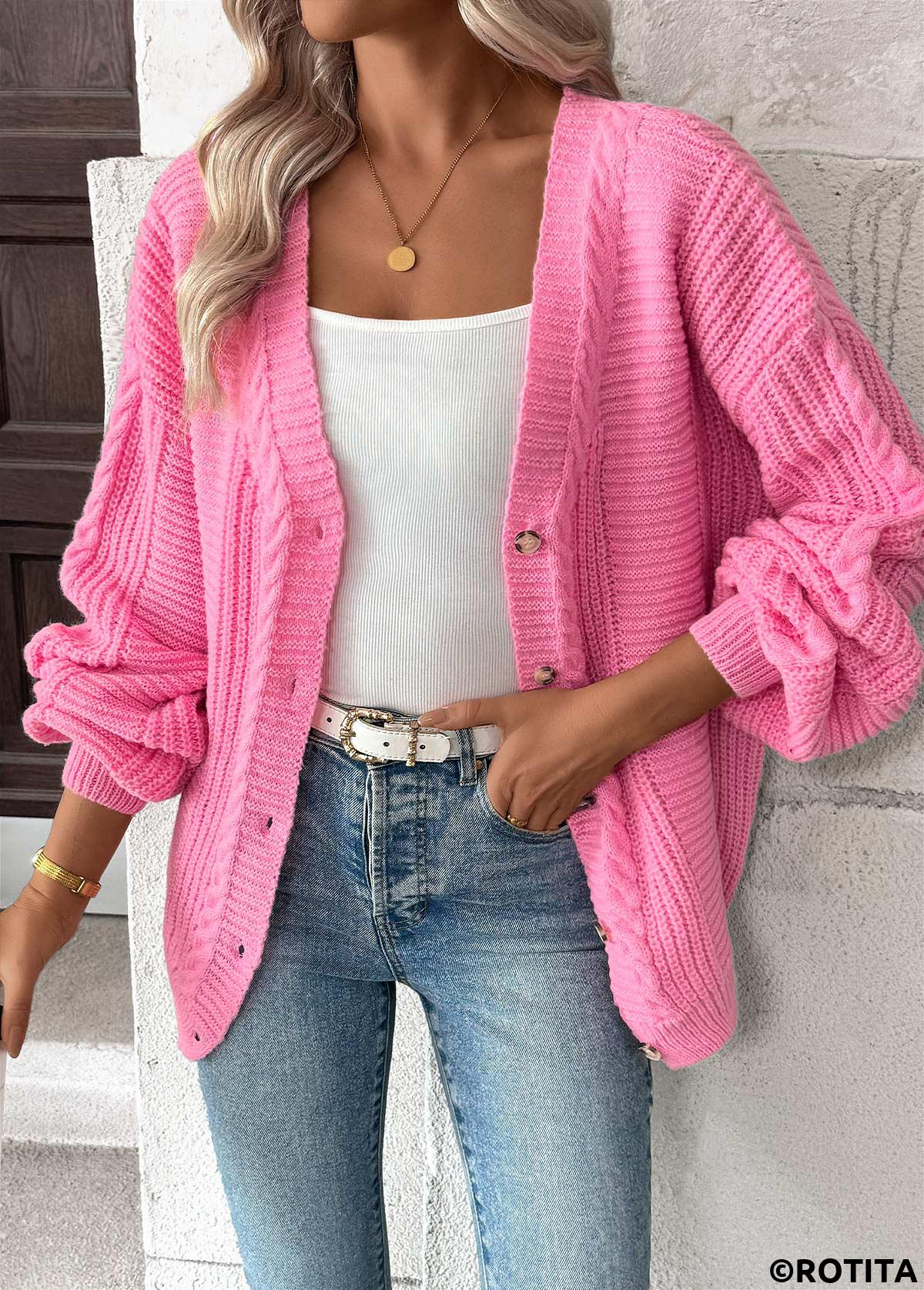 Pink tops,Plain Color tops,Button Pink V Neck Long Sleeve Cardigan