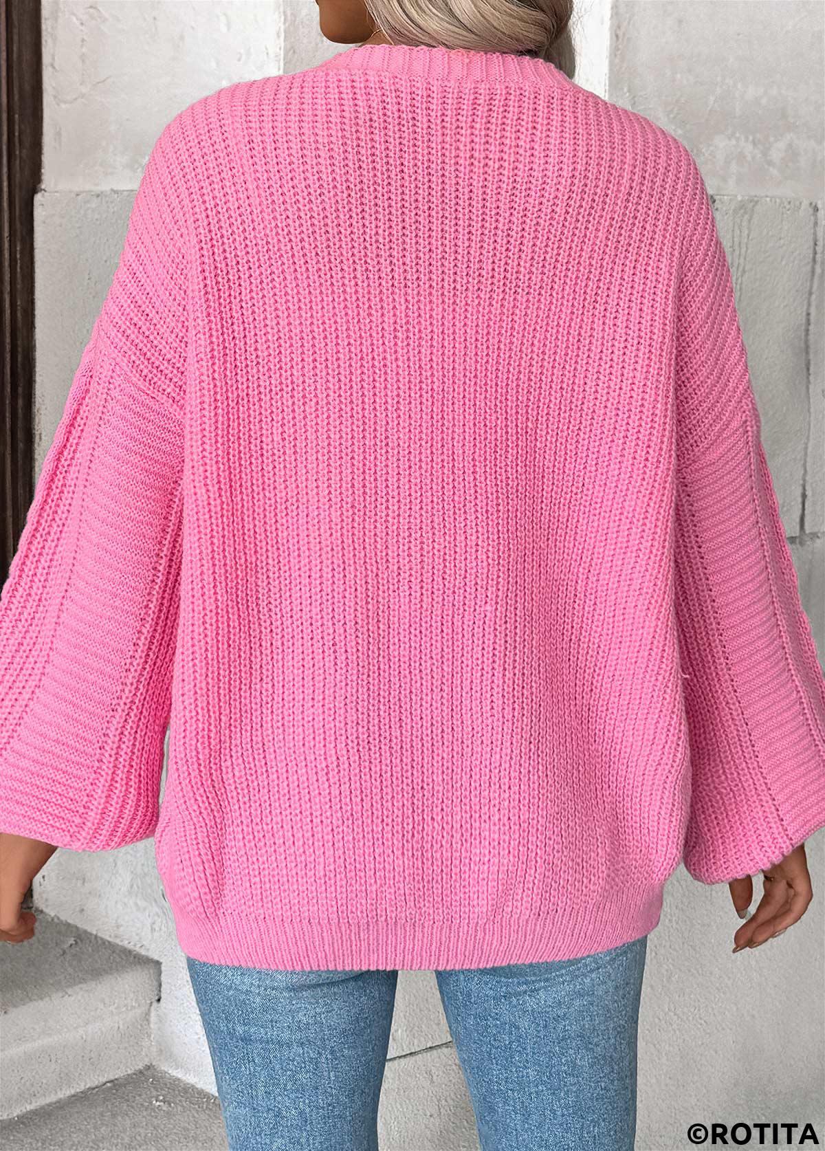 Pink tops,Plain Color tops,Button Pink V Neck Long Sleeve Cardigan