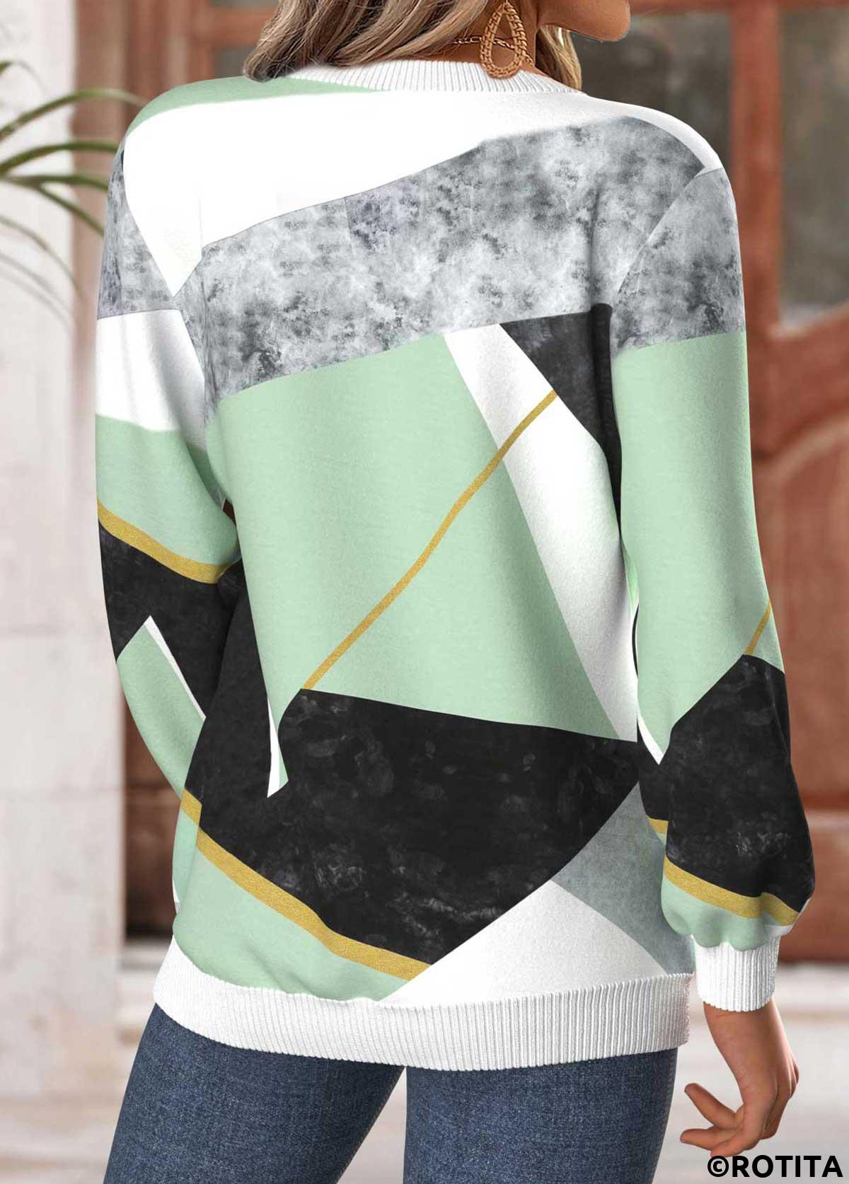 Mint Green tops,Geometric tops,ROTITA Tummy Coverage Geometric Print Mint Green Round Neck Sweatshirt