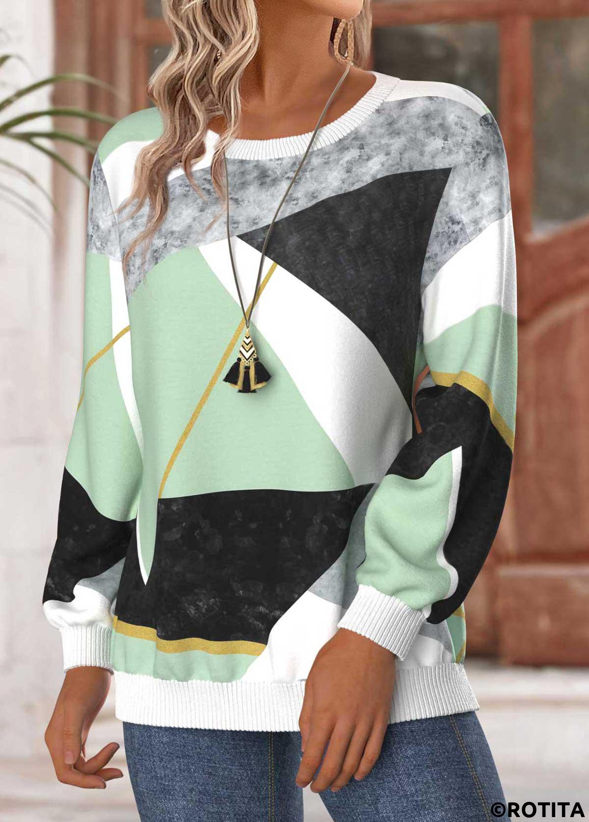 Mint Green tops,Geometric tops,ROTITA Tummy Coverage Geometric Print Mint Green Round Neck Sweatshirt