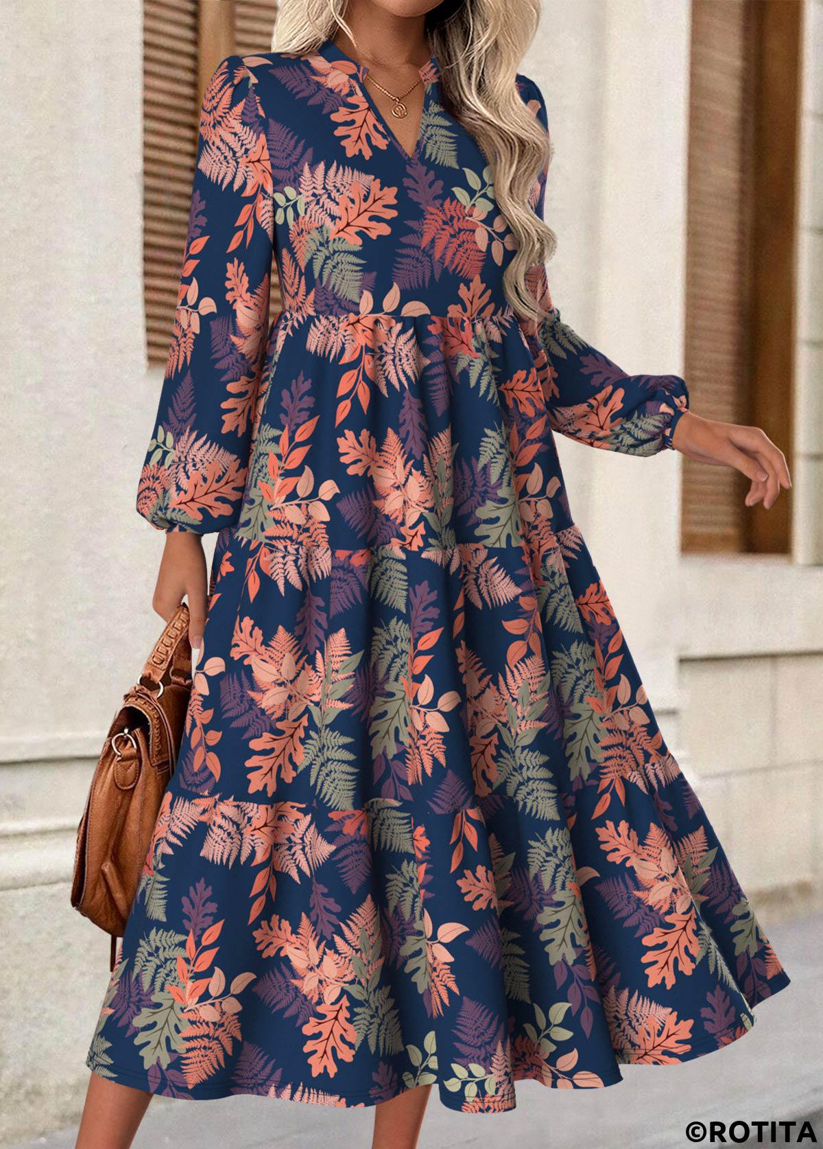 Multi Color dresses,Floral dresses,Plants dresses,Everyday dresses,Casual dresses,ROTITA Tummy Coverage Floral Print Multi Color Split Neck Dress