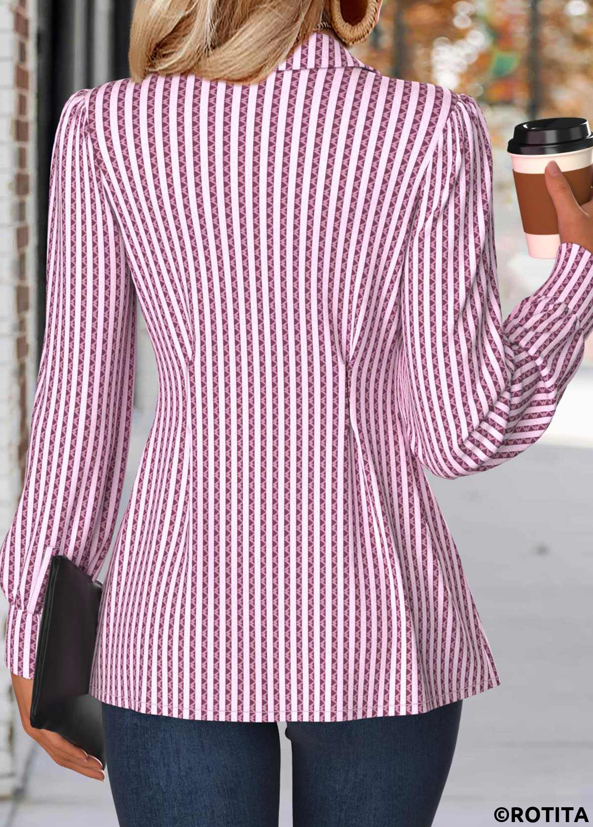 Light Pink tops,Striped tops,Geometric tops,ROTITA Tummy Coverage Striped Light Pink Turn Down Collar Shirt