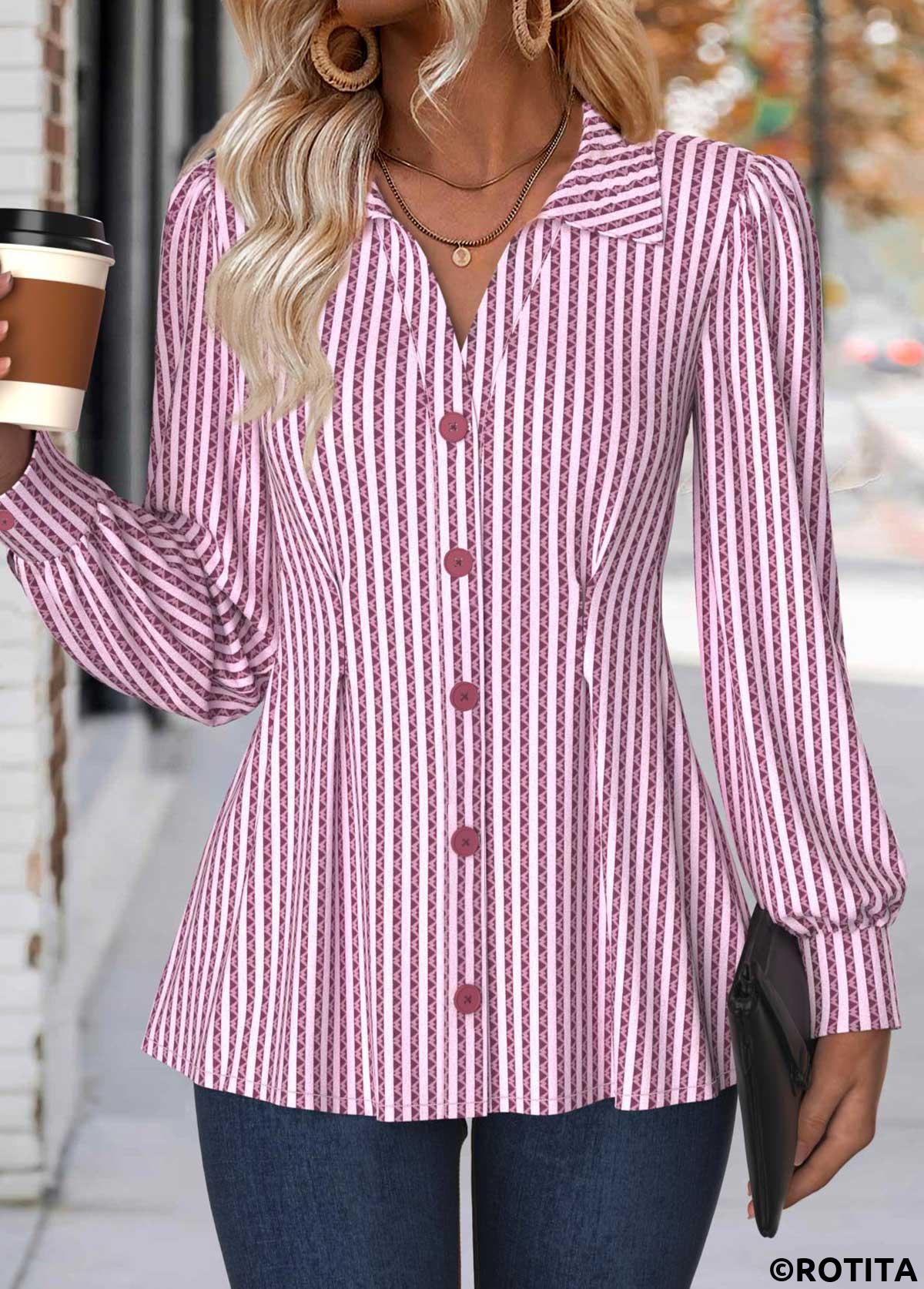 Light Pink tops,Striped tops,Geometric tops,ROTITA Tummy Coverage Striped Light Pink Turn Down Collar Shirt