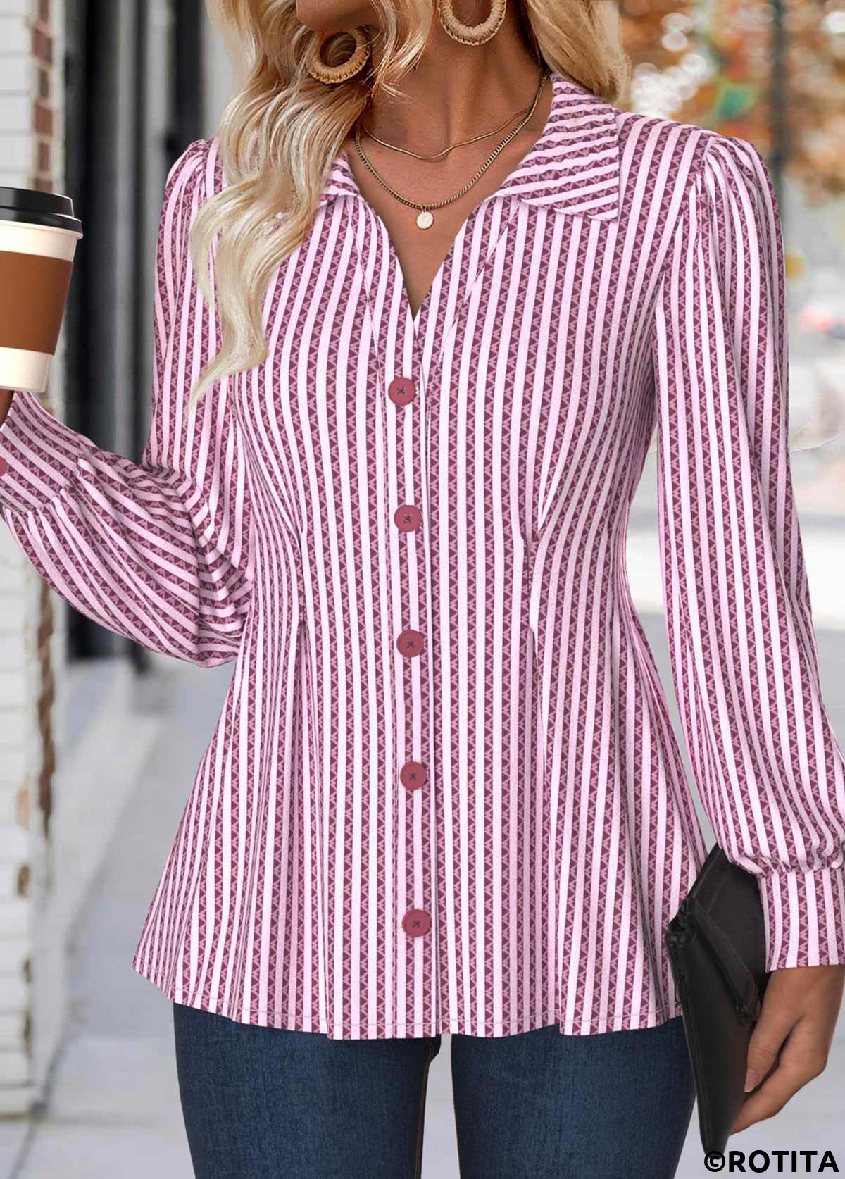 Light Pink tops,Striped tops,Geometric tops,ROTITA Tummy Coverage Striped Light Pink Turn Down Collar Shirt