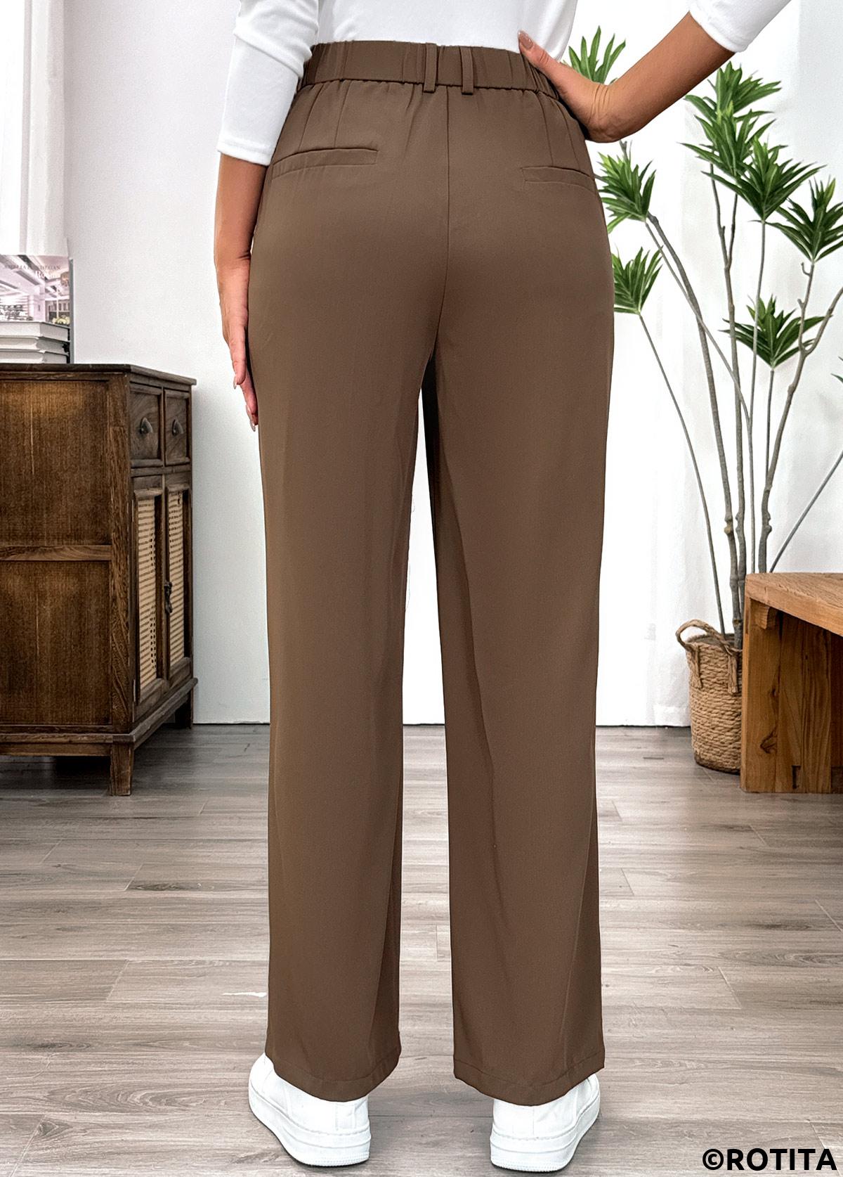 Dark Camel bottoms,Plain Color bottoms,Pocket Dark Camel Straight Leg Elastic Waist Pants