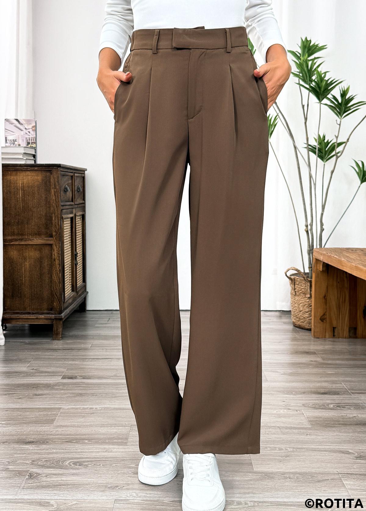 Dark Camel bottoms,Plain Color bottoms,Pocket Dark Camel Straight Leg Elastic Waist Pants