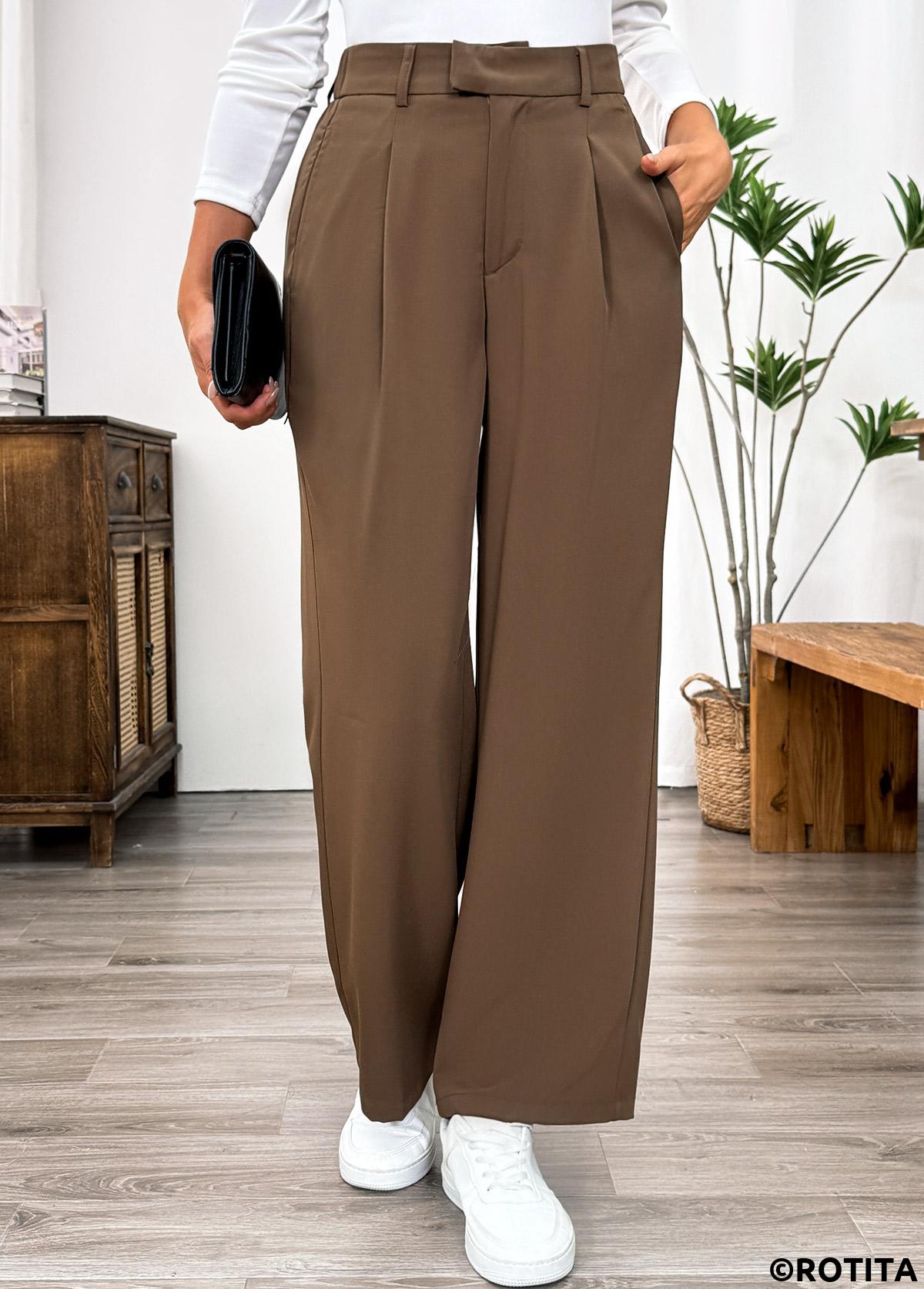 Dark Camel bottoms,Plain Color bottoms,Pocket Dark Camel Straight Leg Elastic Waist Pants