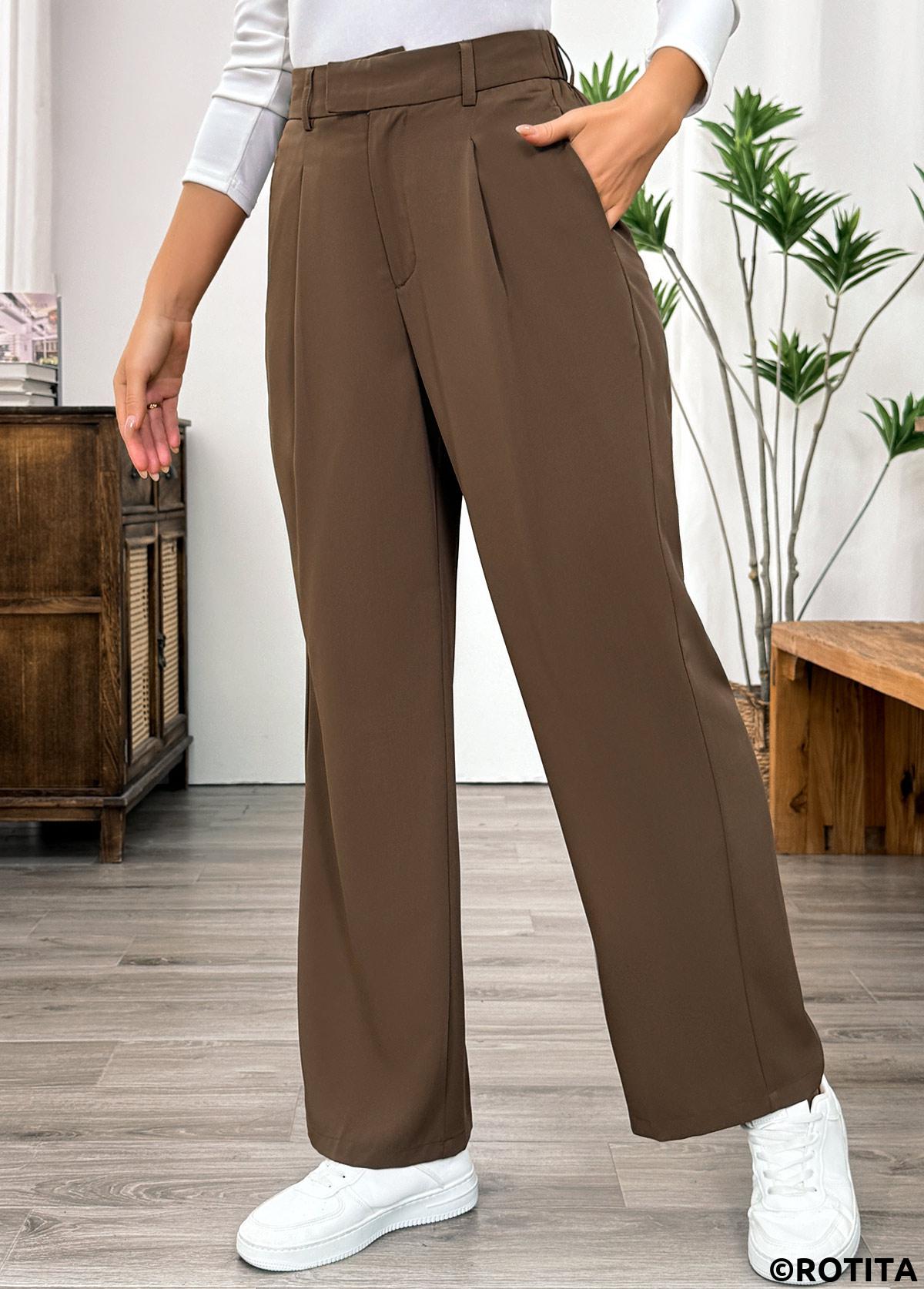 Dark Camel bottoms,Plain Color bottoms,Pocket Dark Camel Straight Leg Elastic Waist Pants