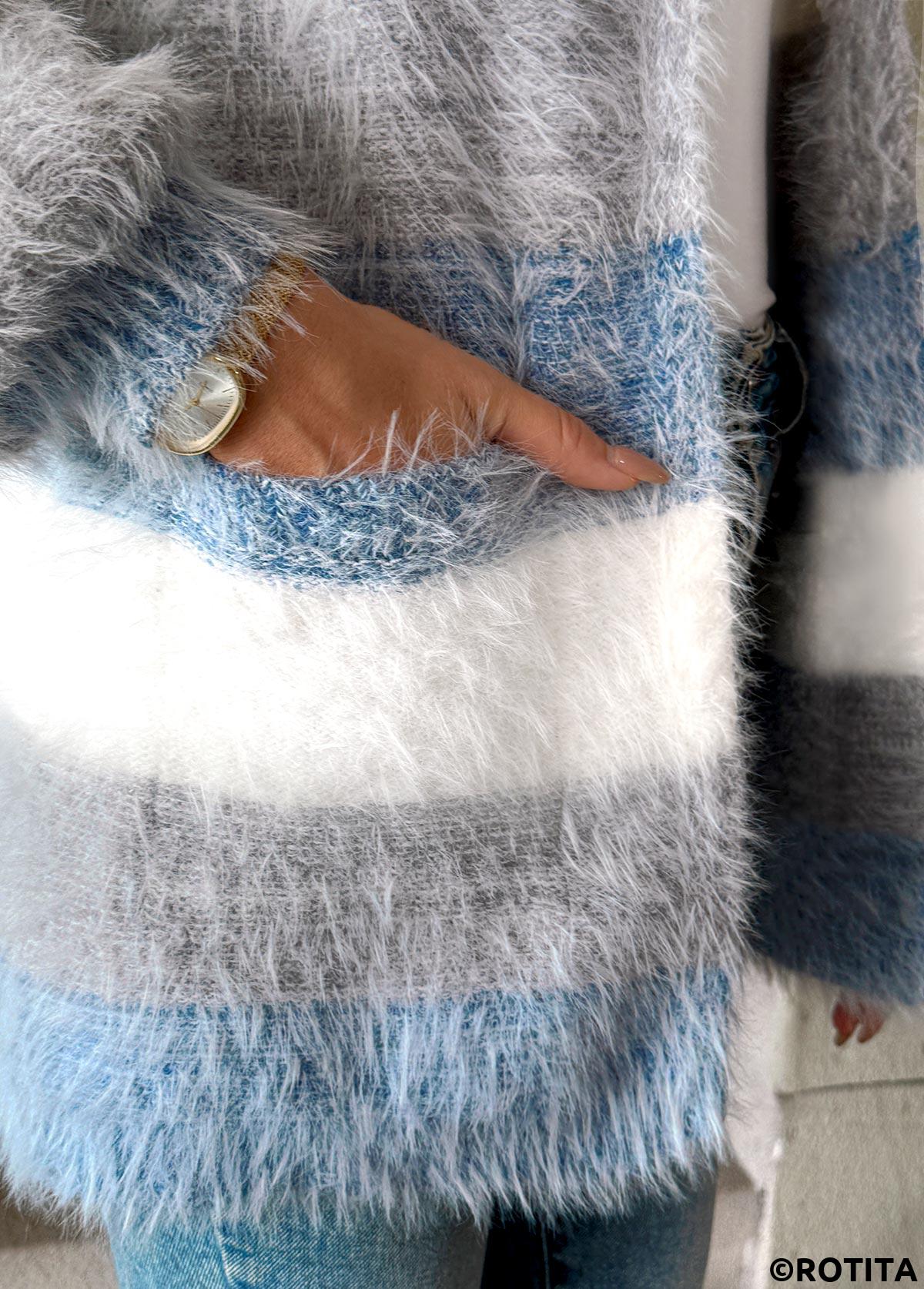 Dusty Blue tops,Striped tops,Geometric tops,Tummy Coverage Dusty Blue V Neck Long Sleeve Cardigan
