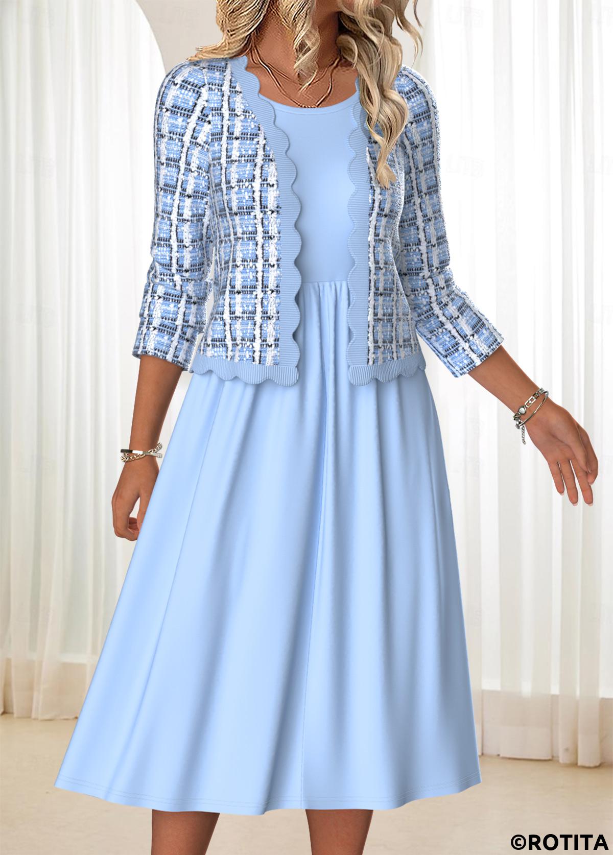 Blue dresses,Plaid dresses,Geometric dresses,Everyday dresses,Casual dresses,ROTITA Tummy Coverage Plaid Blue Round Neck Dress and Cardigan