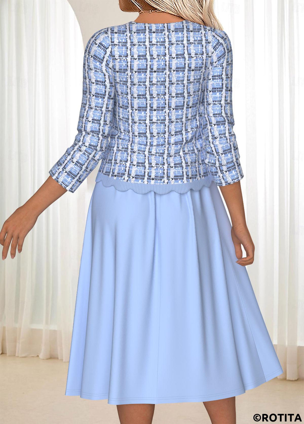 Blue dresses,Plaid dresses,Geometric dresses,Everyday dresses,Casual dresses,ROTITA Tummy Coverage Plaid Blue Round Neck Dress and Cardigan