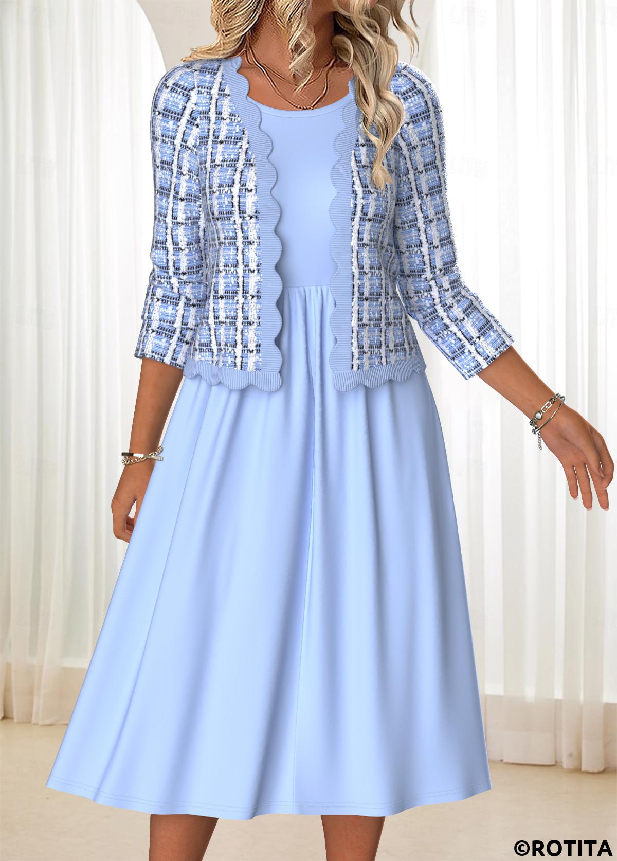 Blue dresses,Plaid dresses,Geometric dresses,Everyday dresses,Casual dresses,ROTITA Tummy Coverage Plaid Blue Round Neck Dress and Cardigan
