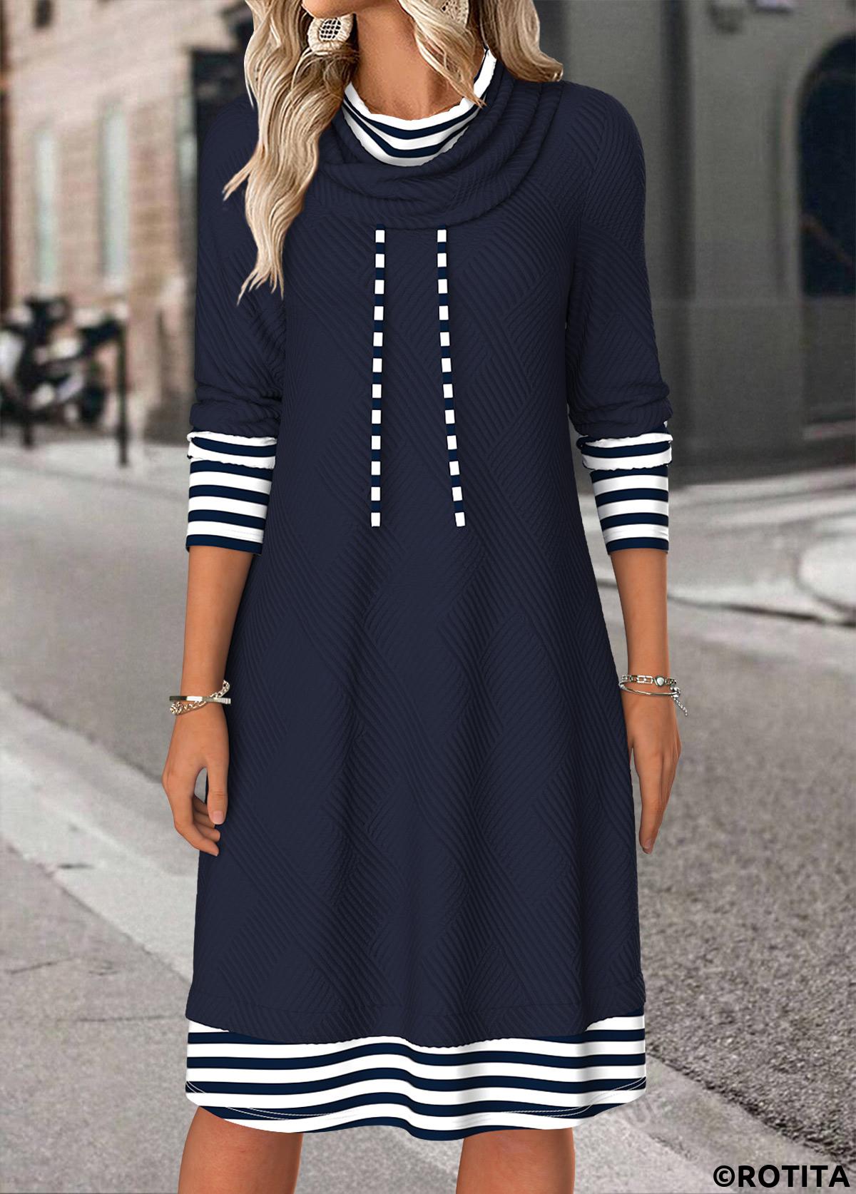 Navy dresses,Striped dresses,Geometric dresses,Everyday dresses,Casual dresses,ROTITA Tummy Coverage Striped Navy Cowl Neck Long Sleeve Dress