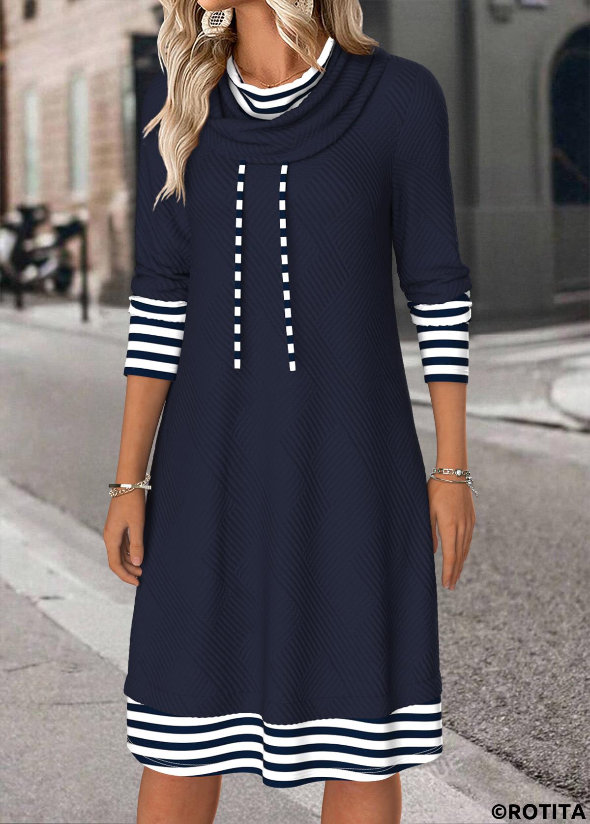 Navy dresses,Striped dresses,Geometric dresses,Everyday dresses,Casual dresses,ROTITA Tummy Coverage Striped Navy Cowl Neck Long Sleeve Dress