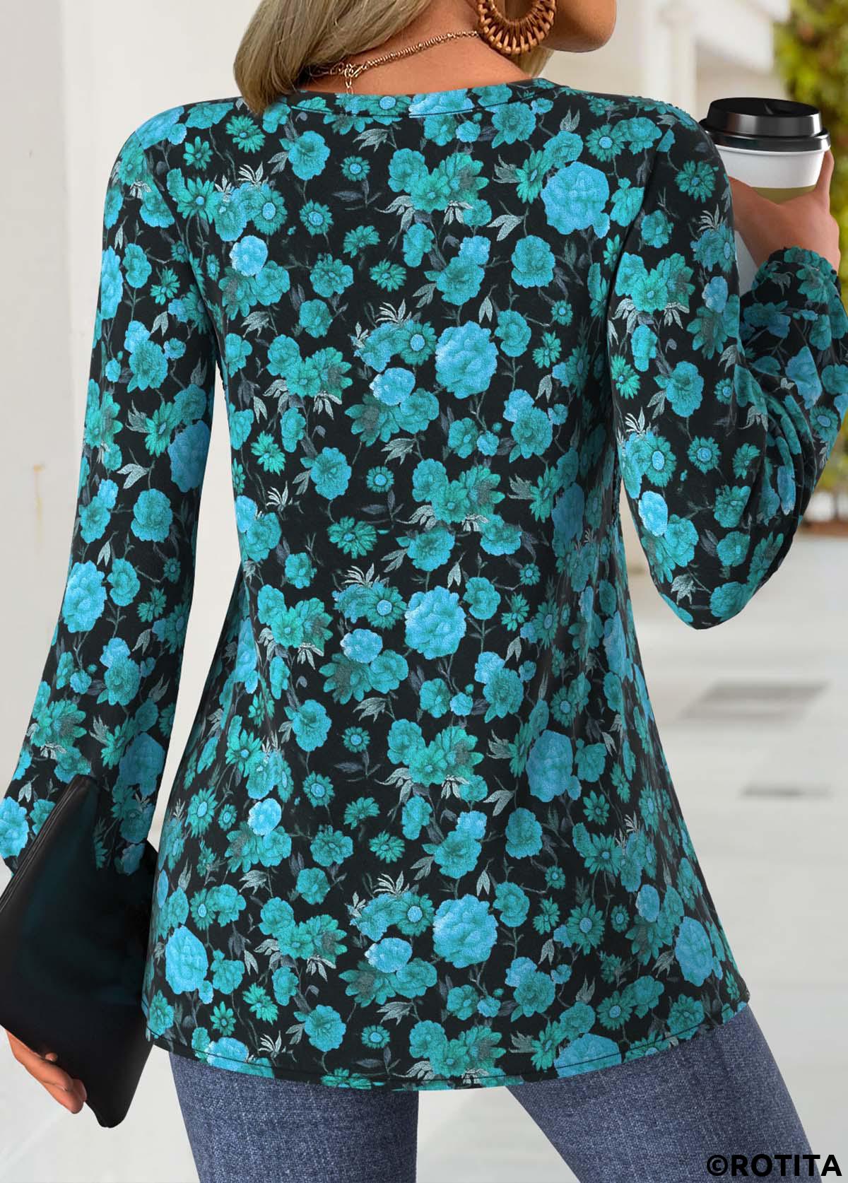 Mint Green tops,Floral tops,Plants tops,ROTITA Peplum Floral Print Mint Green Split Neck Long Sleeve Blouse