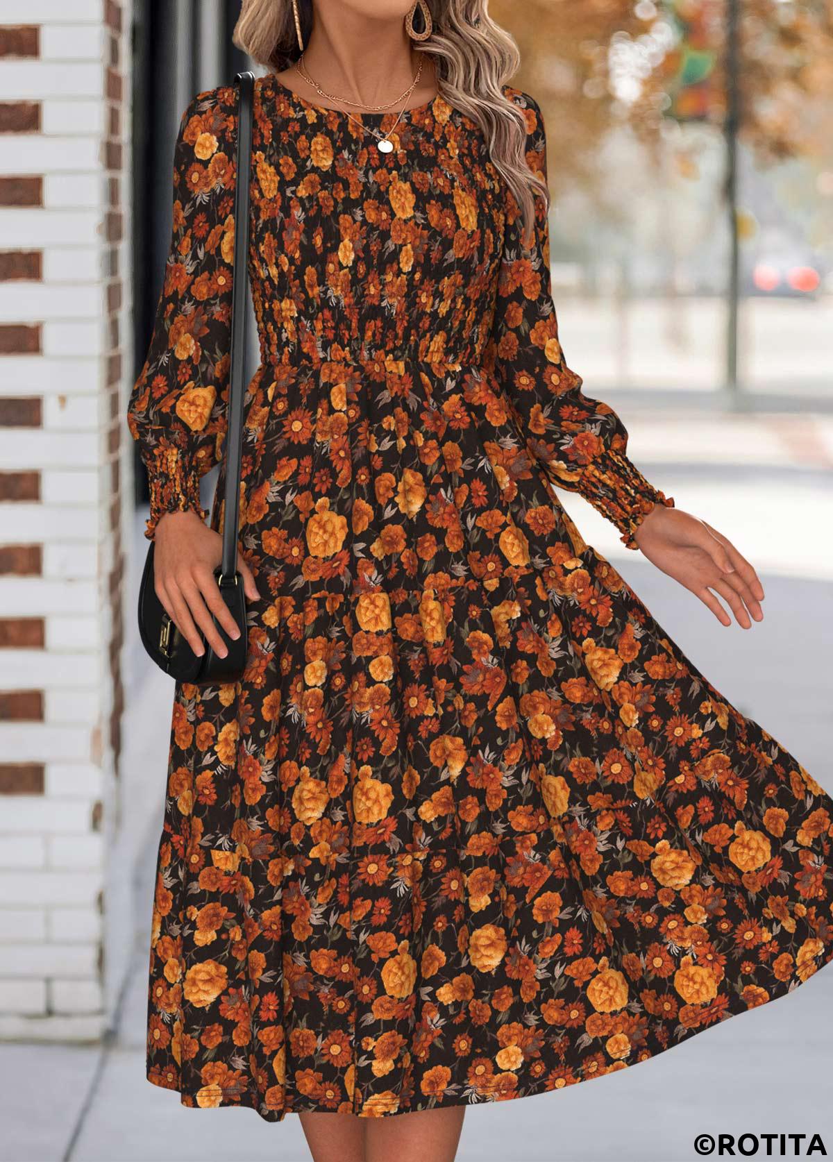 Orange dresses,Floral dresses,Plants dresses,Everyday dresses,Casual dresses,ROTITA Tummy Coverage Floral Print Orange Round Neck Dress