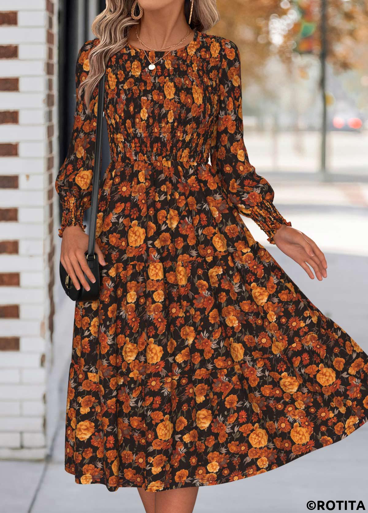Orange dresses,Floral dresses,Plants dresses,Everyday dresses,Casual dresses,ROTITA Tummy Coverage Floral Print Orange Round Neck Dress