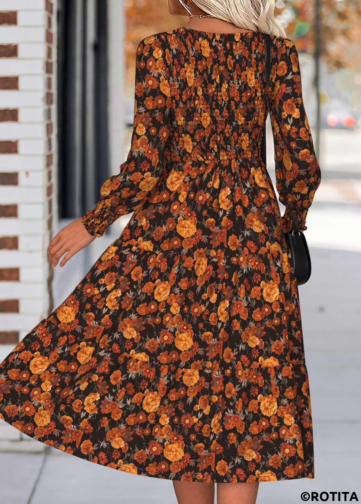 Orange dresses,Floral dresses,Plants dresses,Everyday dresses,Casual dresses,ROTITA Tummy Coverage Floral Print Orange Round Neck Dress