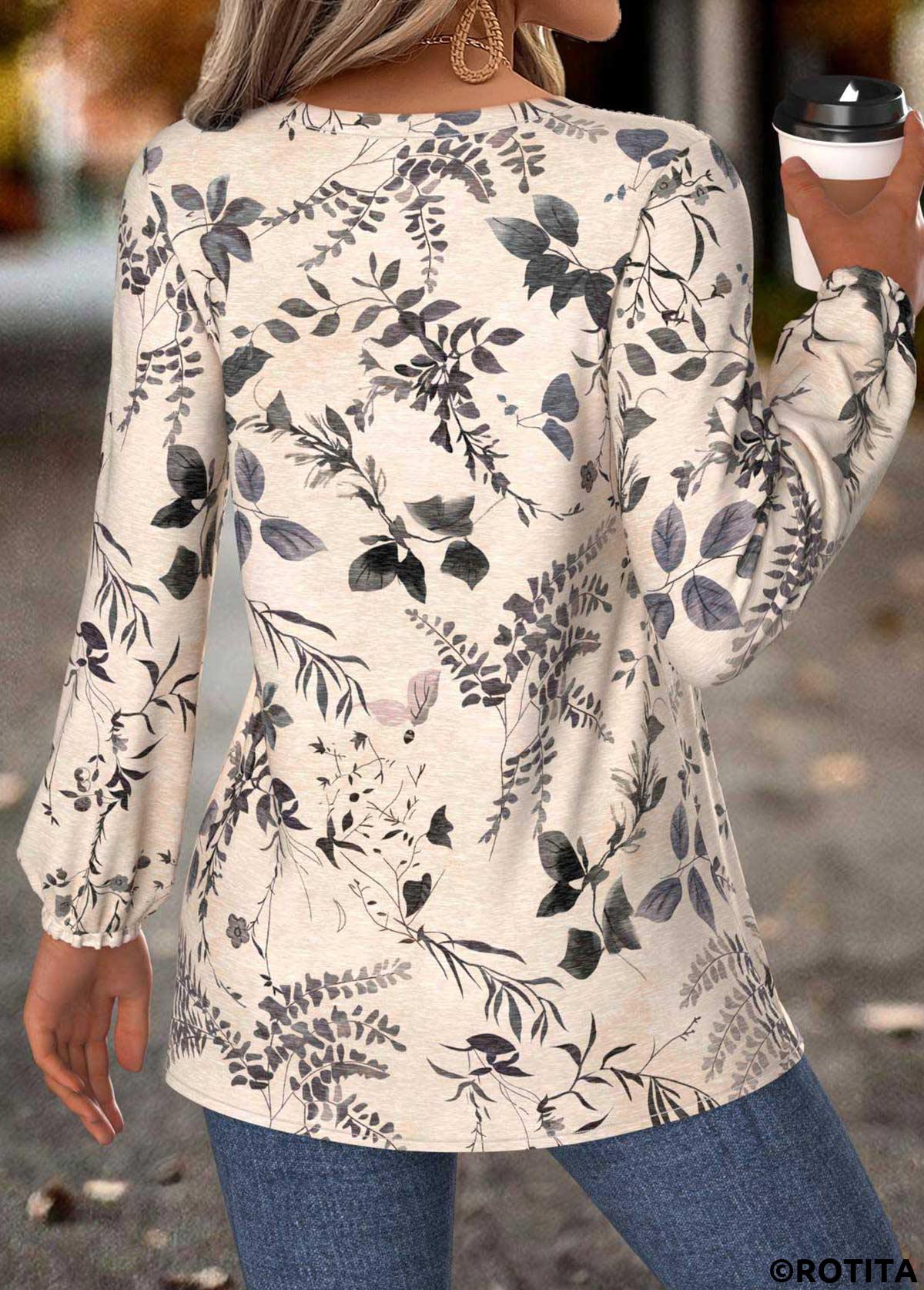 Beige tops,Plants tops,ROTITA Peplum Leaf Print Beige Split Neck Long Sleeve Blouse