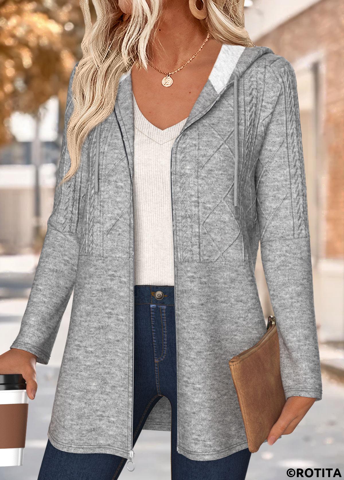 Dark Grey Marl tops,Plain Color tops,ROTITA Tummy Coverage Dark Grey Marl Hooded Long Sleeve Coat