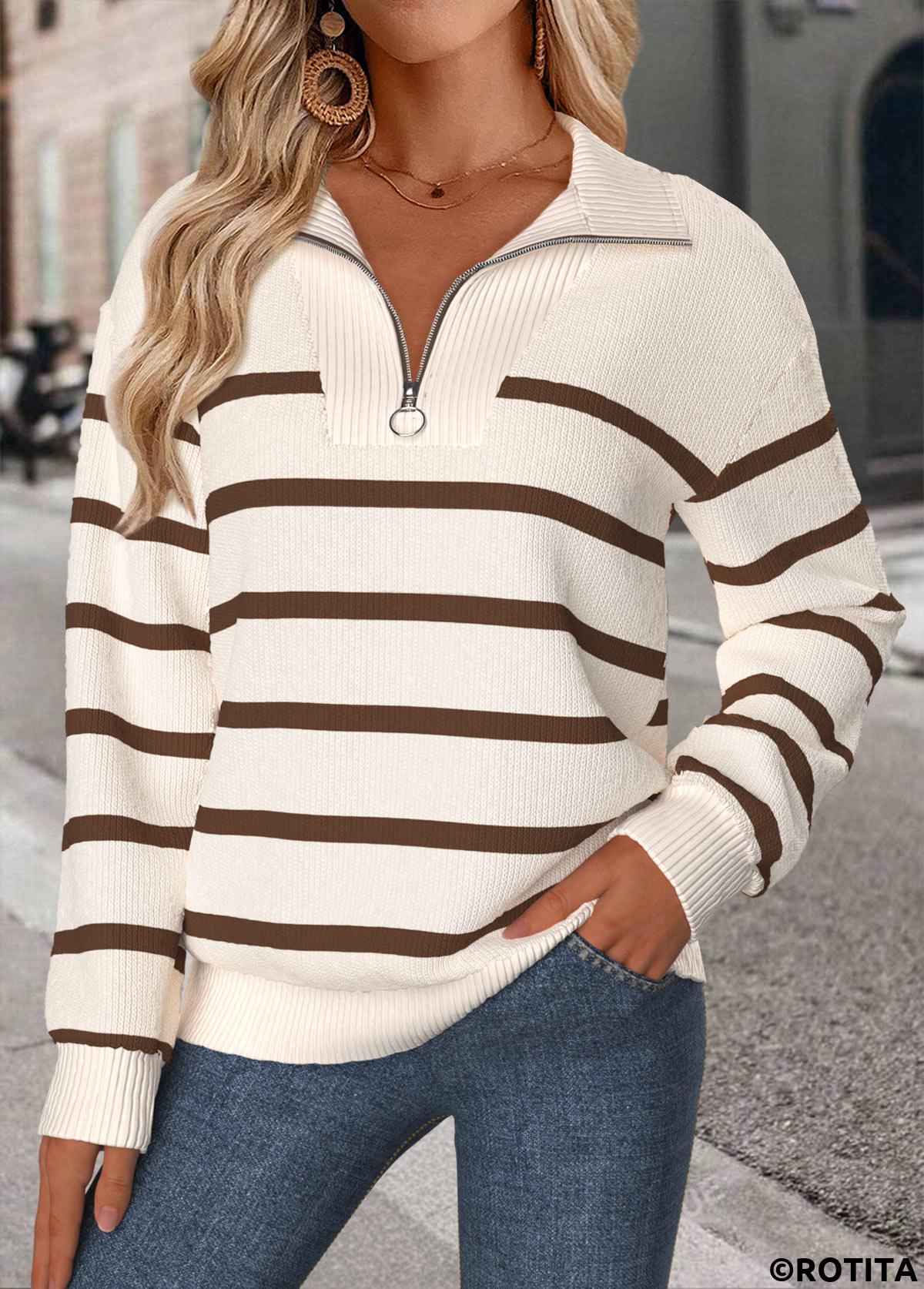 Beige tops,Striped tops,Geometric tops,ROTITA Tummy Coverage Striped Beige Turn Down Collar Sweatshirt