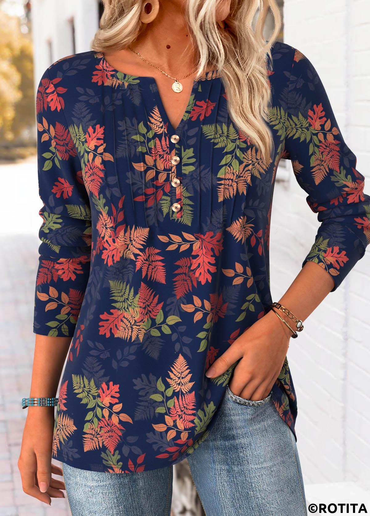 Navy plus size,Plants plus size,ROTITA Plus Size Tummy Coverage Navy Leaf Print T Shirt