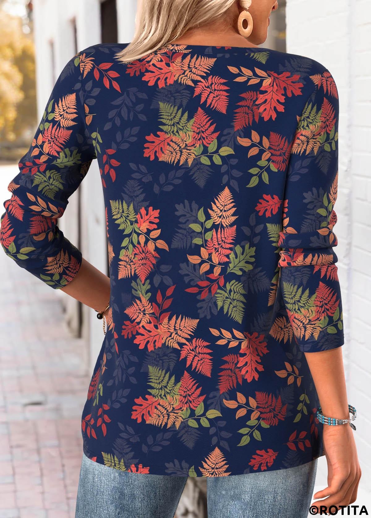 Navy plus size,Plants plus size,ROTITA Plus Size Tummy Coverage Navy Leaf Print T Shirt