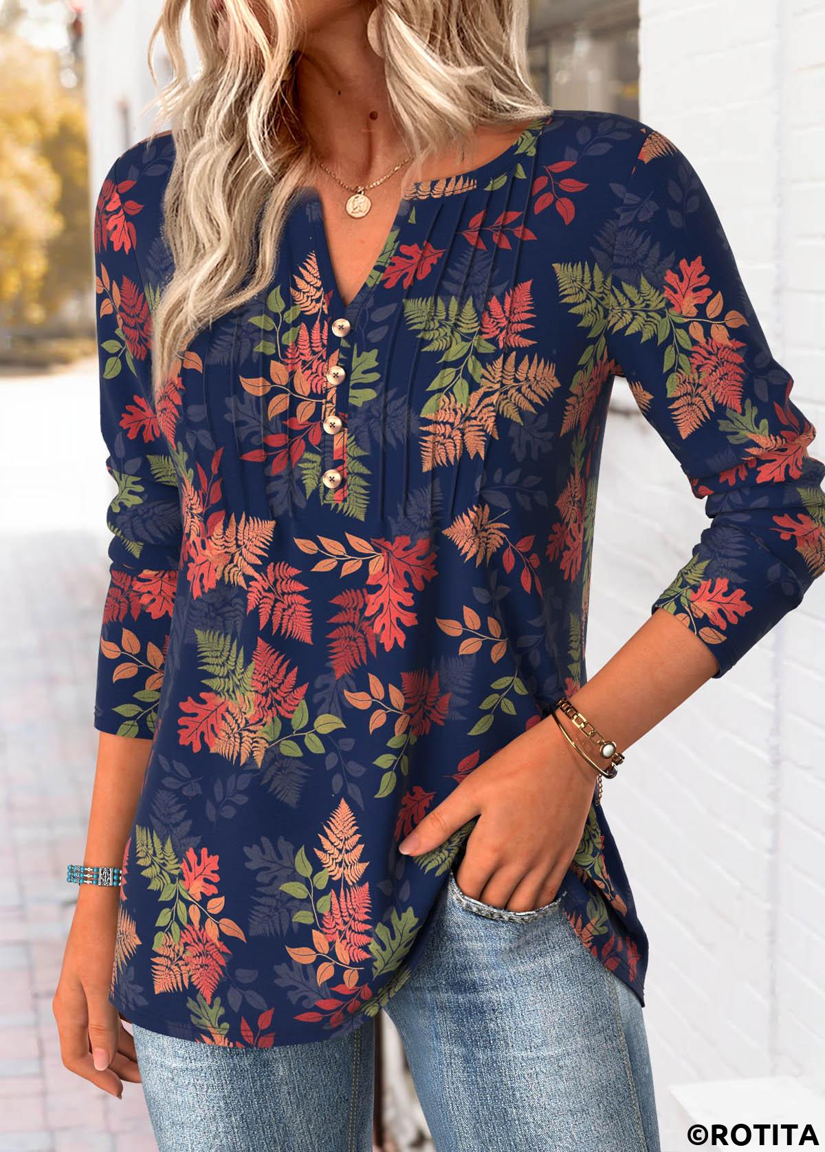 Navy plus size,Plants plus size,ROTITA Plus Size Tummy Coverage Navy Leaf Print T Shirt