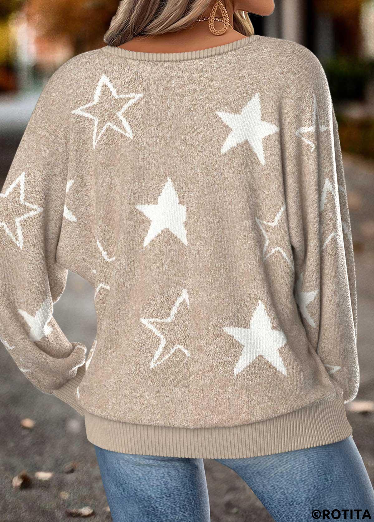 Light Camel tops,Galaxy tops,ROTITA Tummy Coverage Star Print Light Camel T Shirt