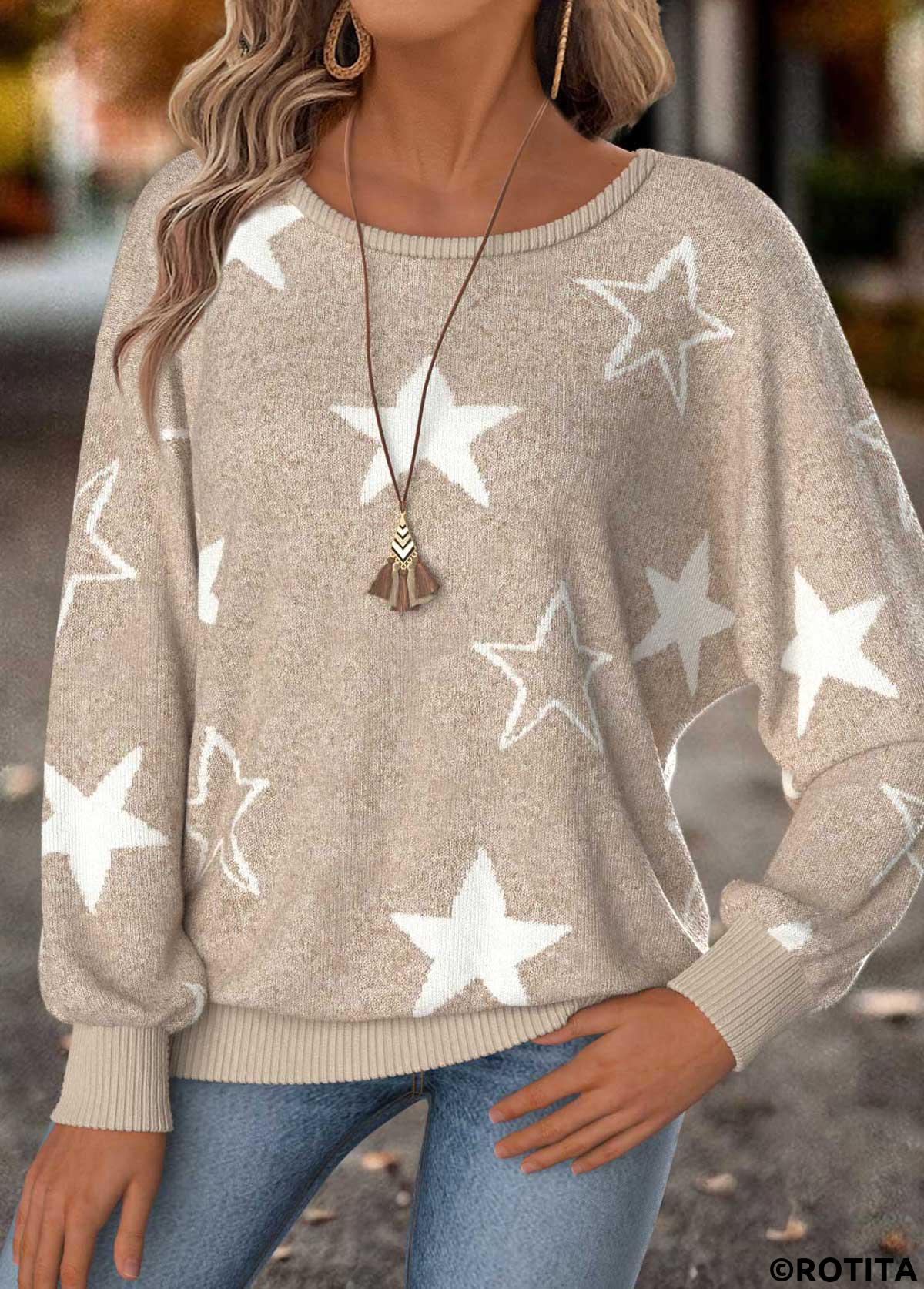 Light Camel tops,Galaxy tops,ROTITA Tummy Coverage Star Print Light Camel T Shirt